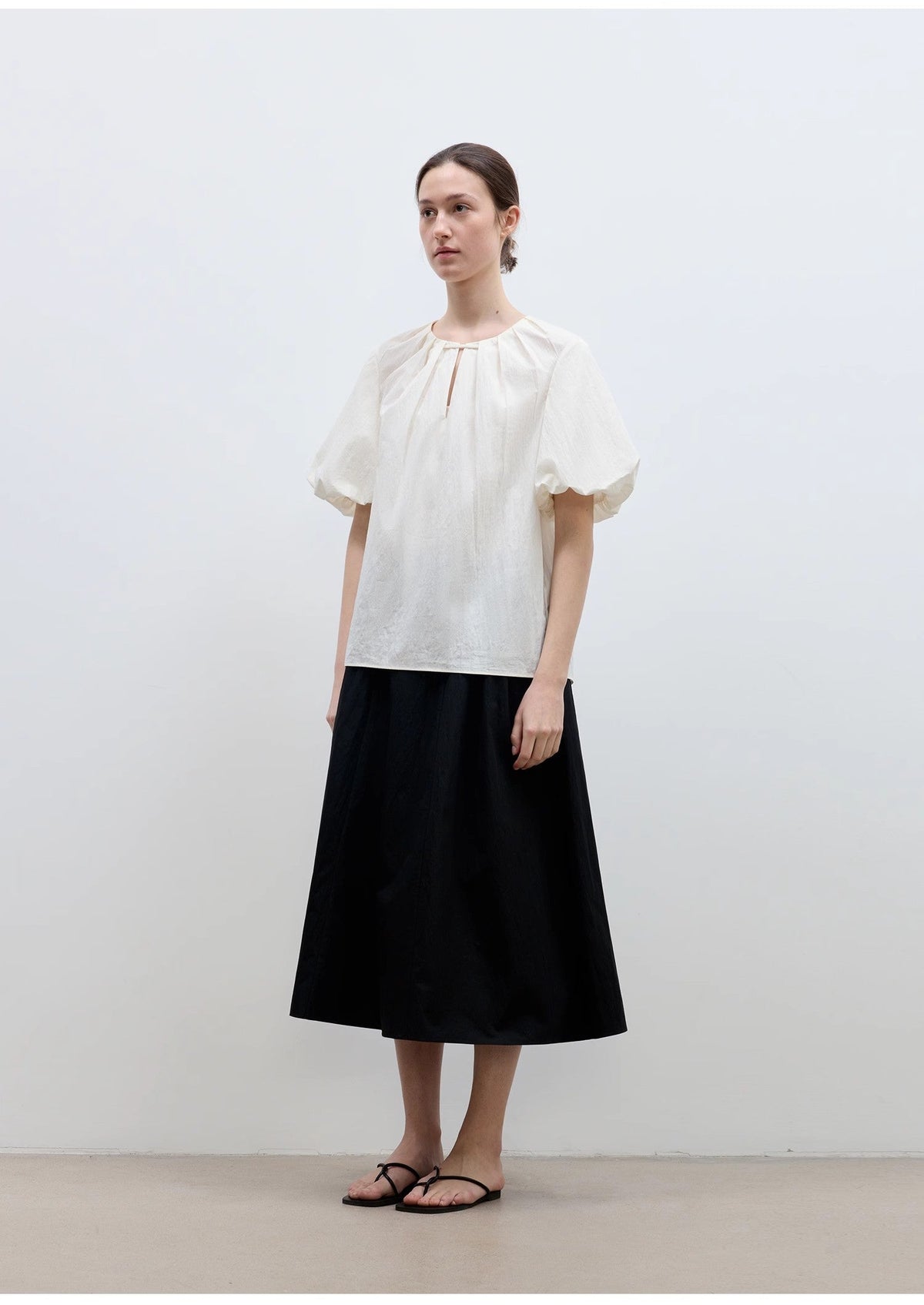 "Iceland Diary" neckline pleated design round neck tie puff sleeve short sleeve shirt for women-4