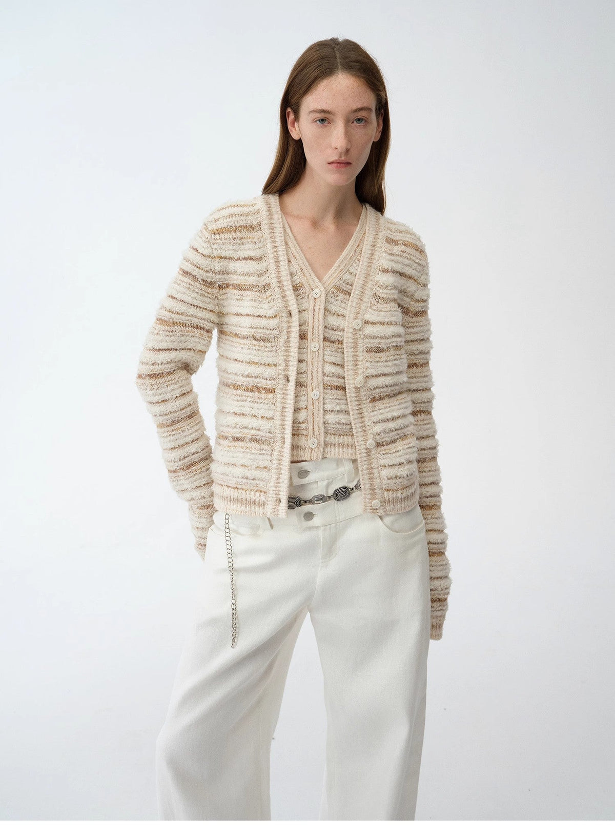 "Nice Weekend" striped mixed woven V-neck early spring layered knitted cardigan top/vest-0