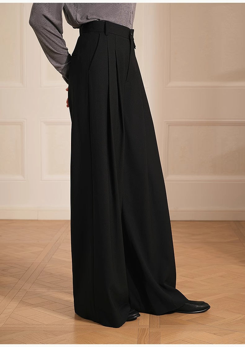 Merino wool blended double pleated wide-leg pants for women, versatile, drapey and comfortable casual trousers-4