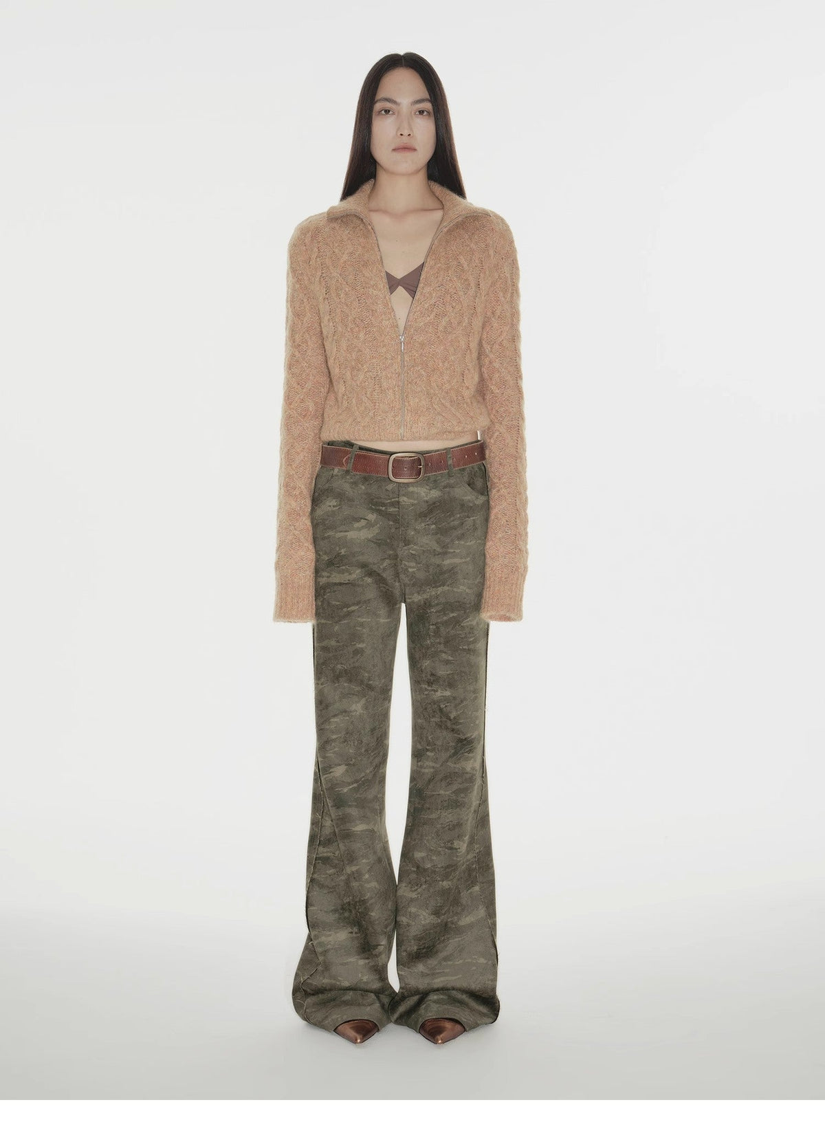 "Green Camouflage"Fashionable and versatile camouflage print chenille suede slim bootcut casual pants-0