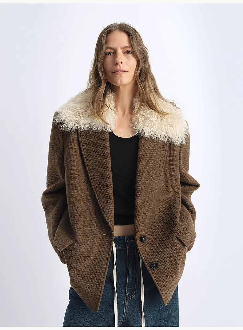 "Vertical Texture" Wool Tweed Coat Detachable Fur Collar Suit Parker-1
