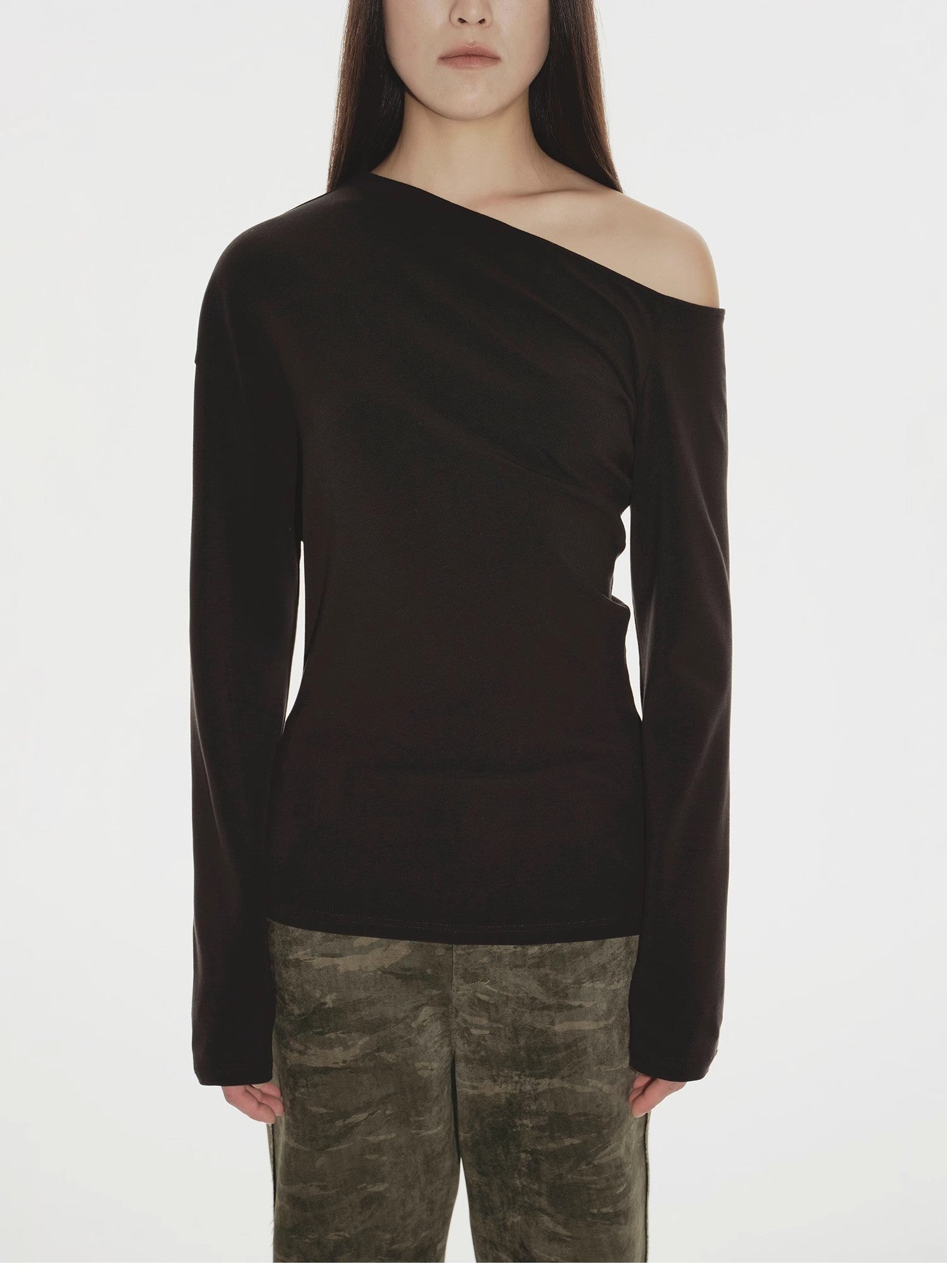 "Fashionable Street" Off-shoulder Slim Fit Lyocell Tencel Wool Long Sleeve T-shirt-4
