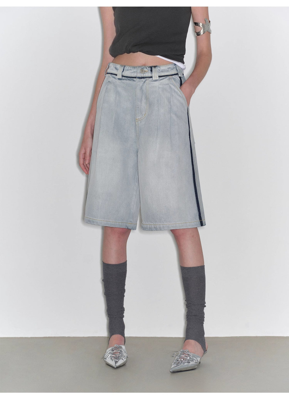 “Unruly Sonata” Neutral Style Loose Feeling Imported Washed Mid Rise Bumped Side Wide Leg Washed Denim Mid Pants-4