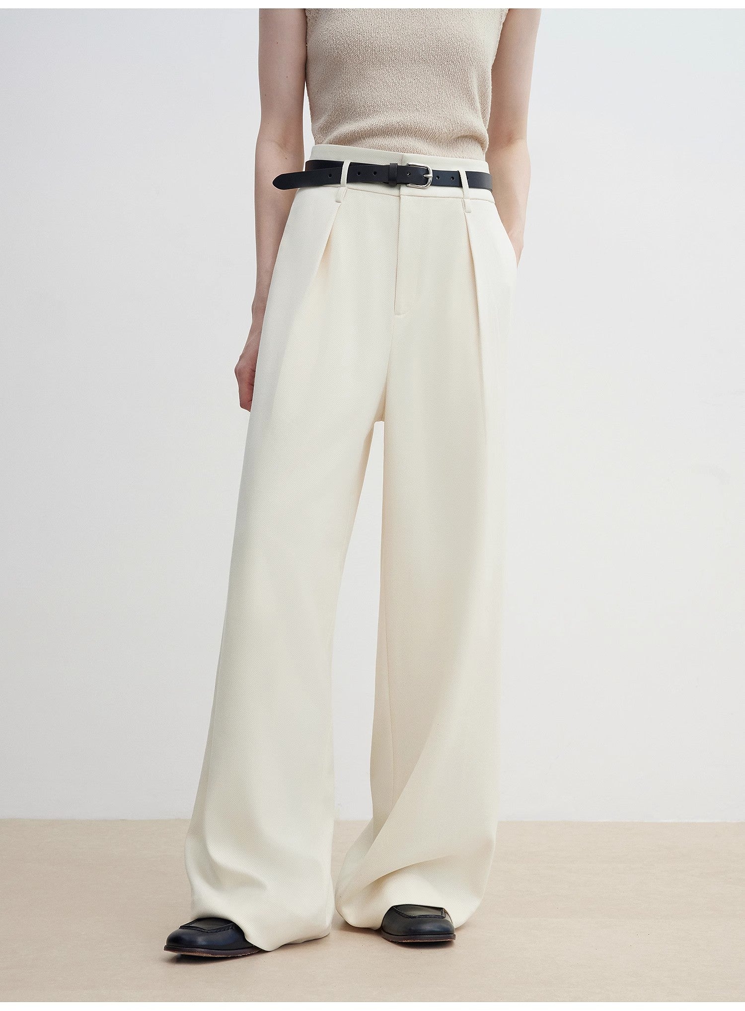 Women's white straight casual wide waist drape floor-length wide leg pants-1
