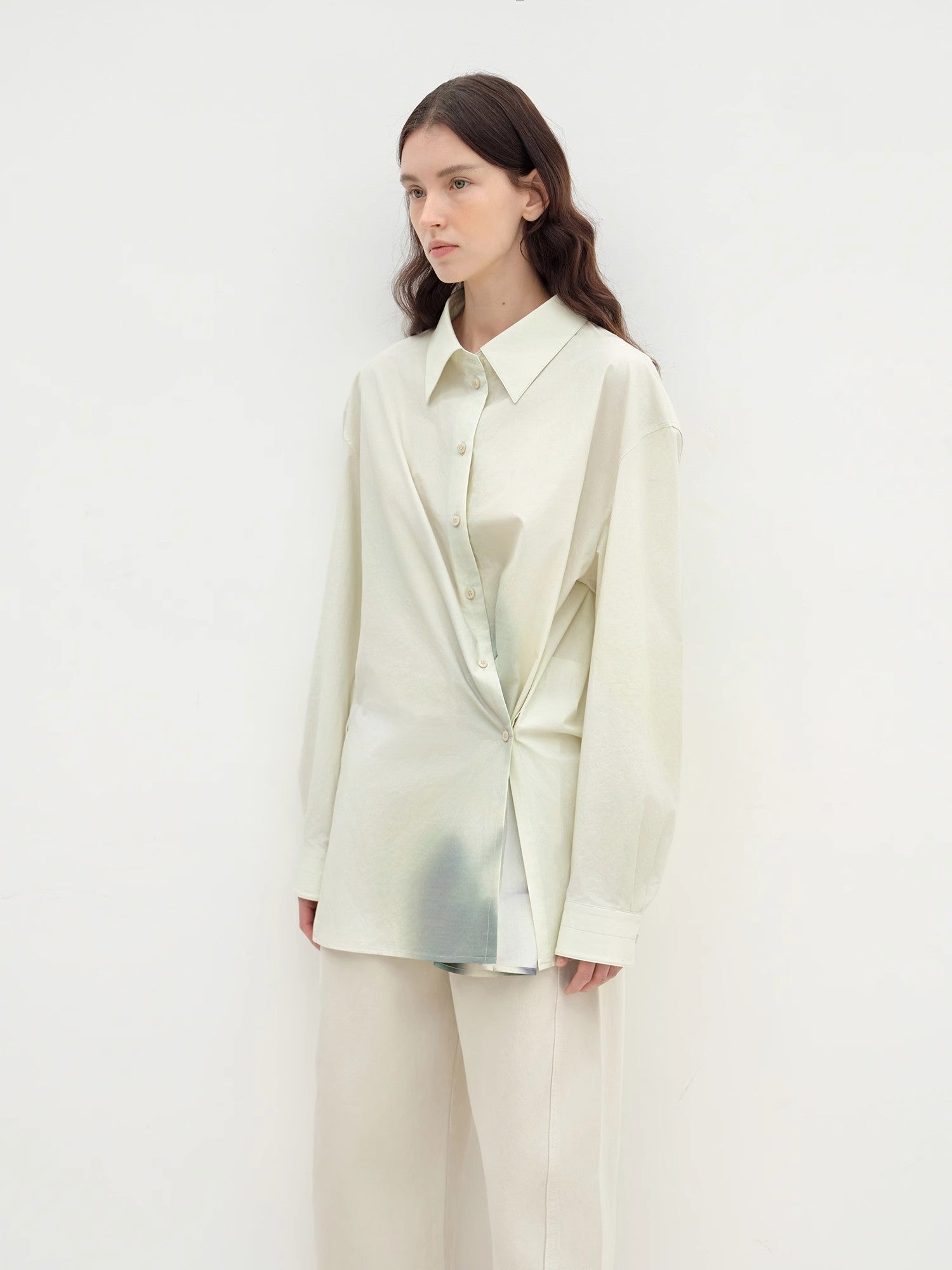 "Green Time" lapel side slit two-wear cotton printed shirt-1