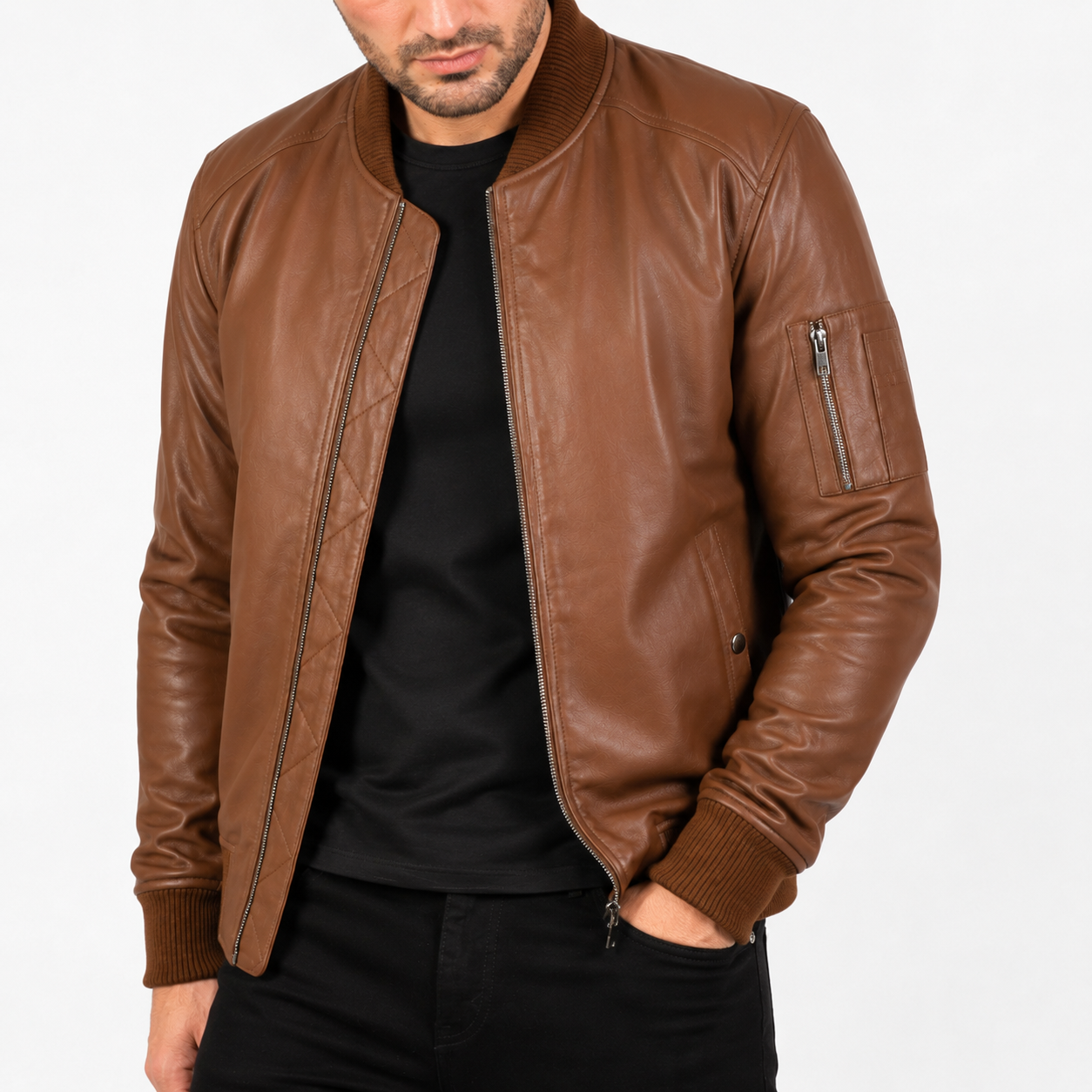 Men’s Brown Leather Bomber Biker Jacket-2