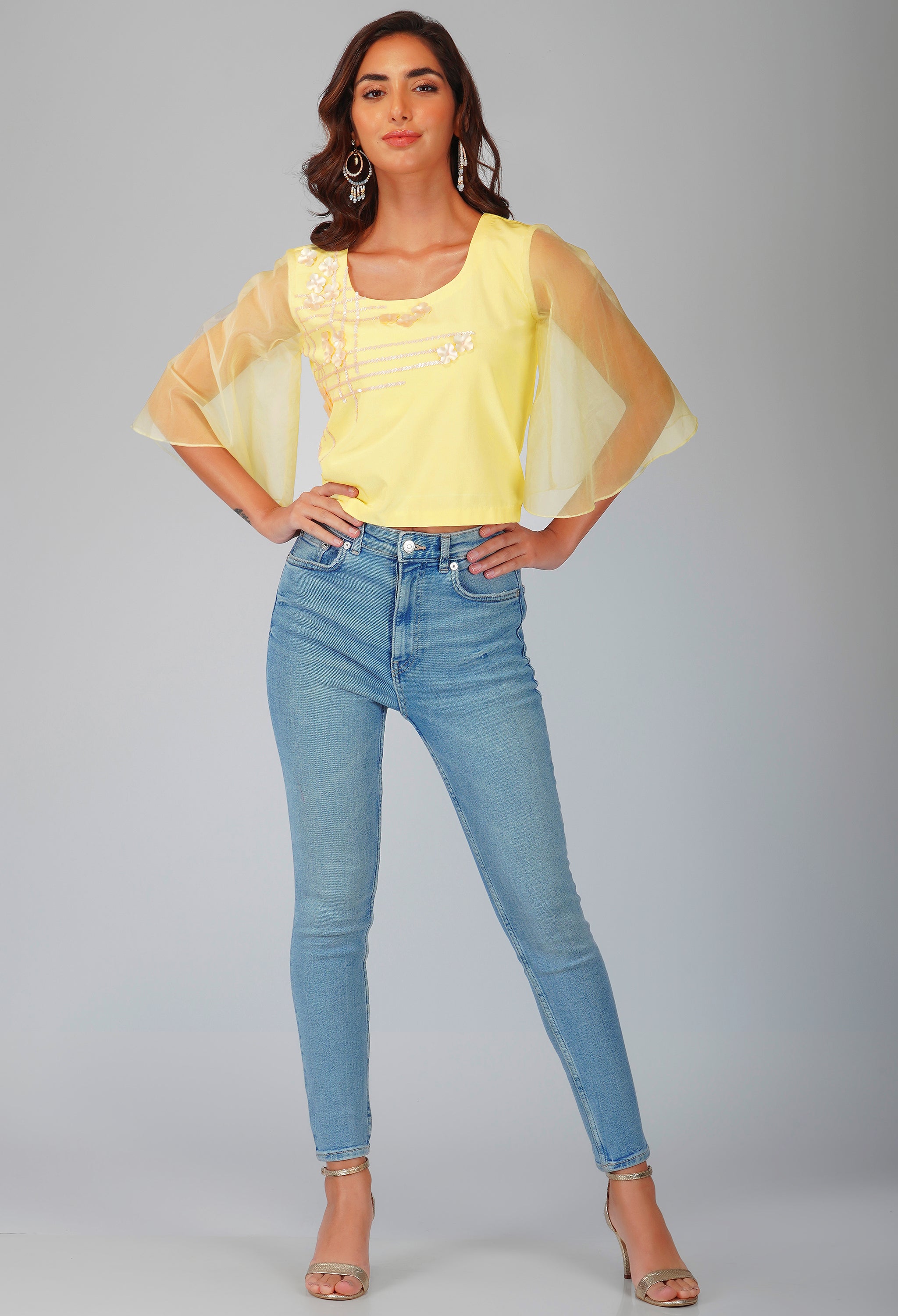 Butter Yellow Crepe Crop Top with Organza Bell Sleeves & Sequin Embroidery-2