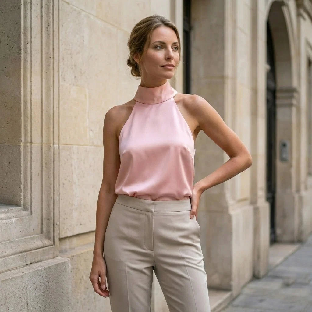Satin Top Pink in Halter Neck Design with Bows on back and tie ups-1