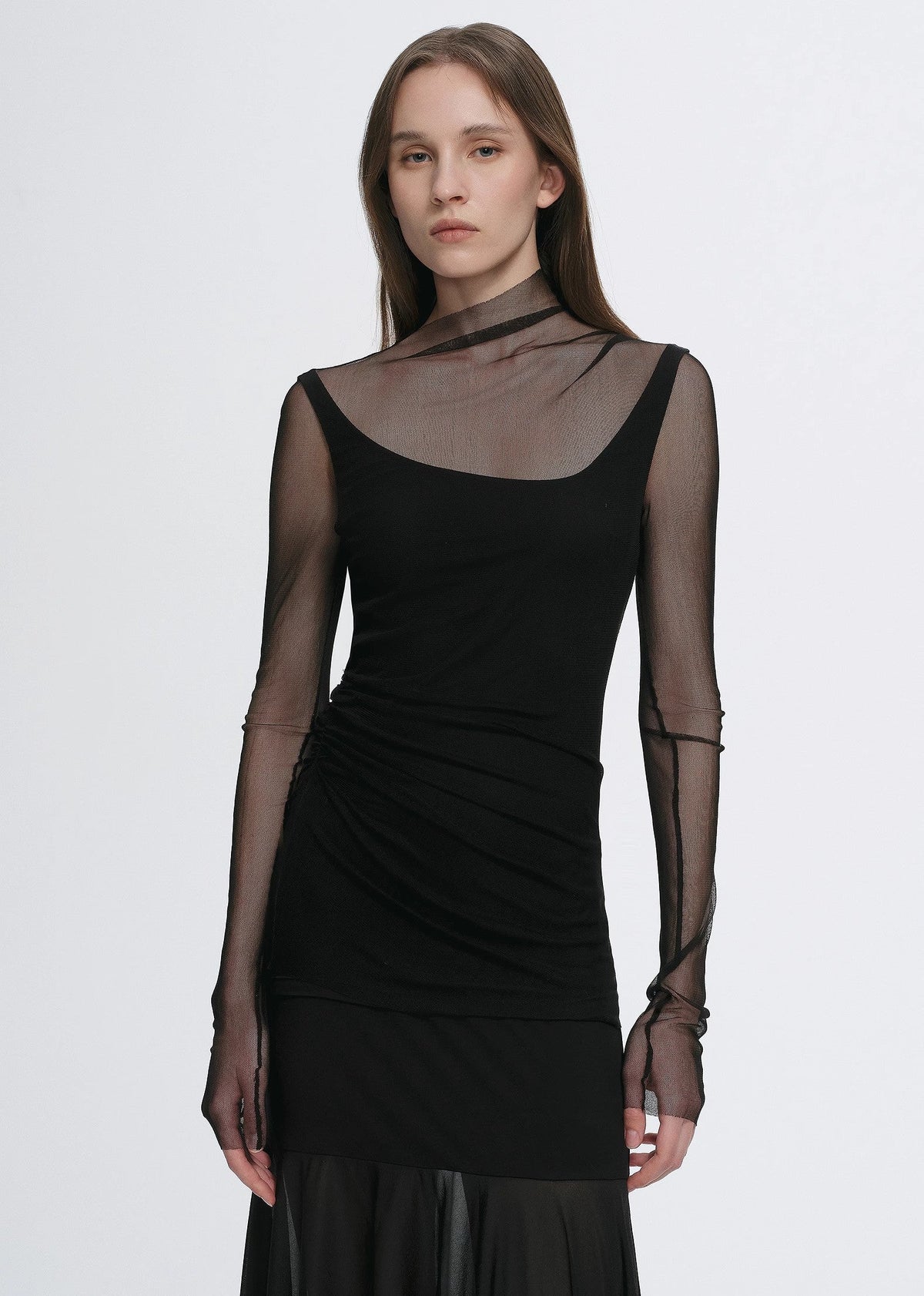 Double-layer transparent oblique collar pinched pleat half-high collar slim fit fake two-piece knitted T-shirt tops for women-4