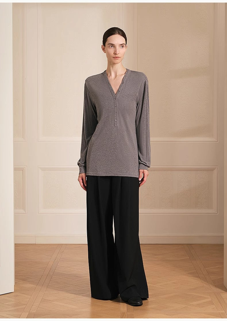 Merino wool blended double pleated wide-leg pants for women, versatile, drapey and comfortable casual trousers-0