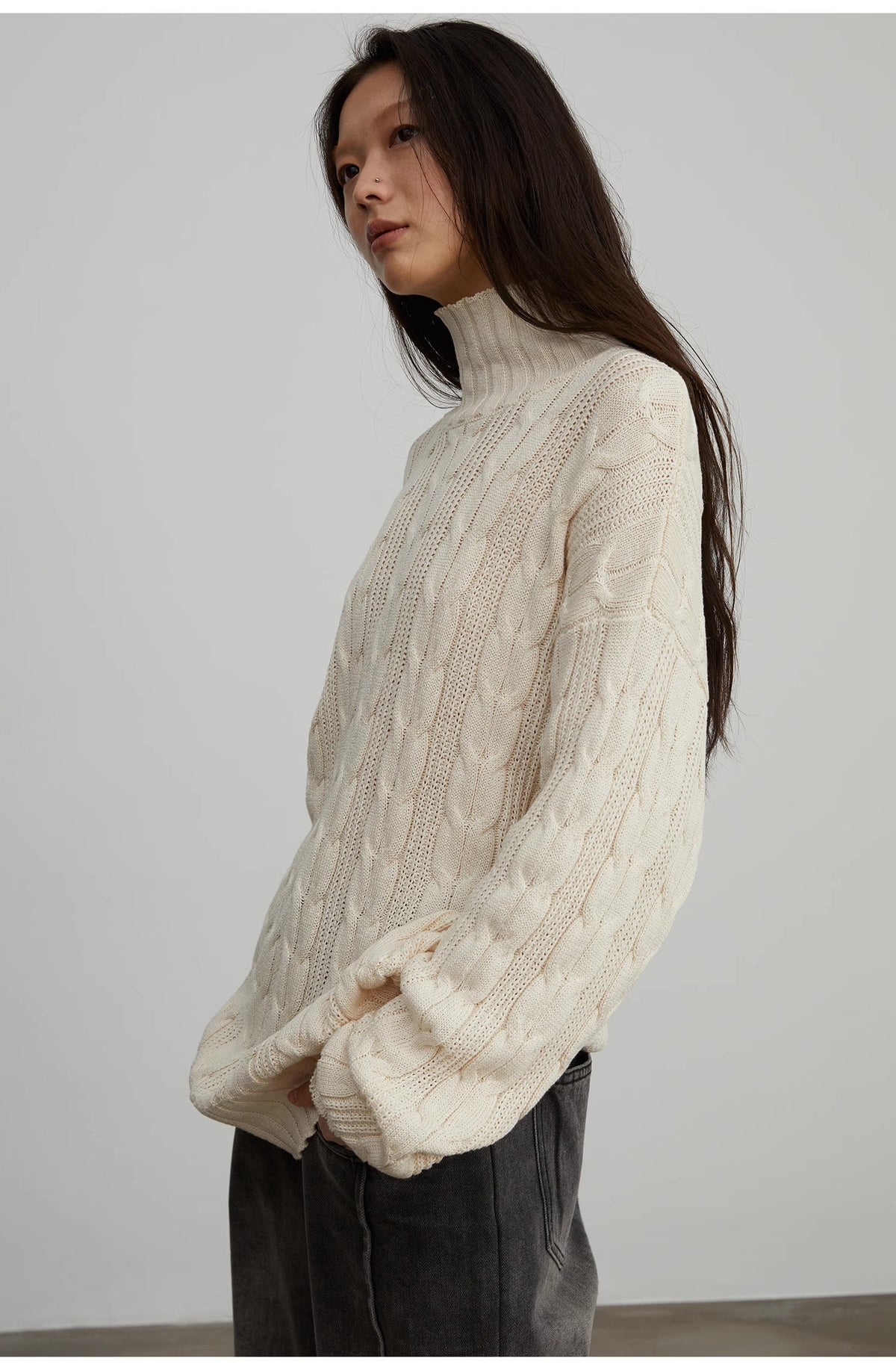 "Warm-Embrace Jacquard"Loose slimming straight high collar fashion top 100% cotton women's winter-4