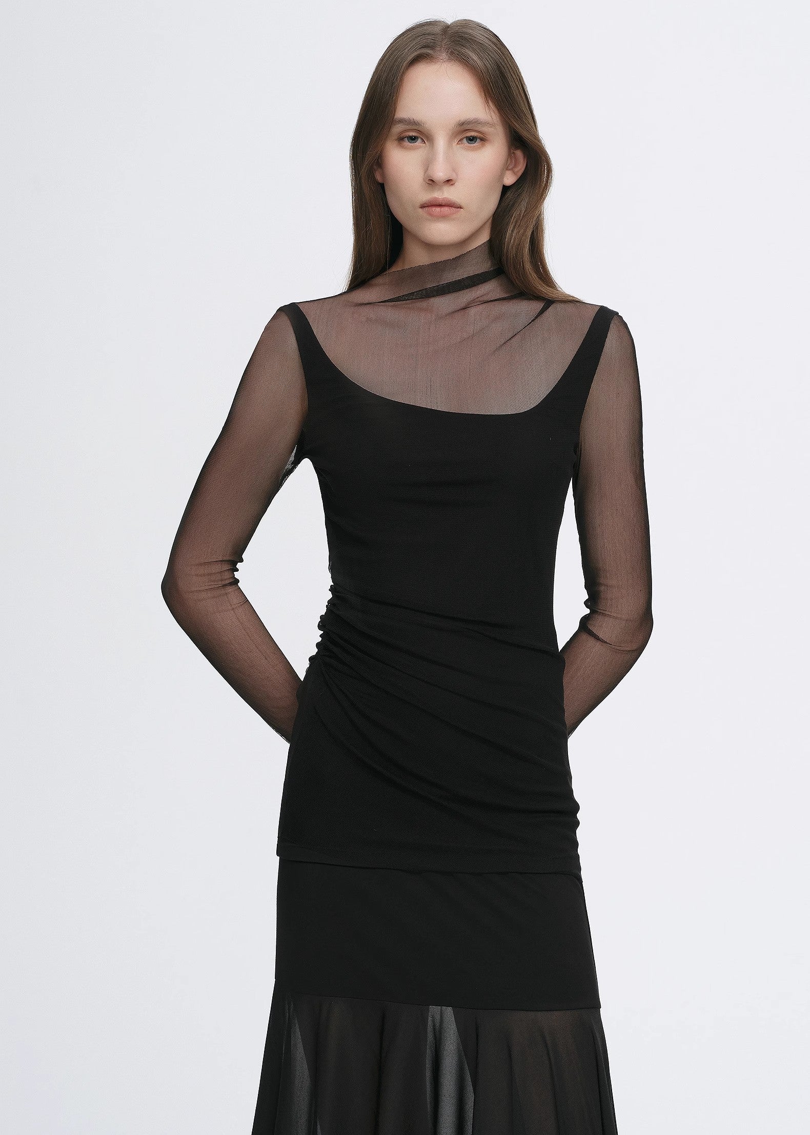 Double-layer transparent oblique collar pinched pleat half-high collar slim fit fake two-piece knitted T-shirt tops for women-1