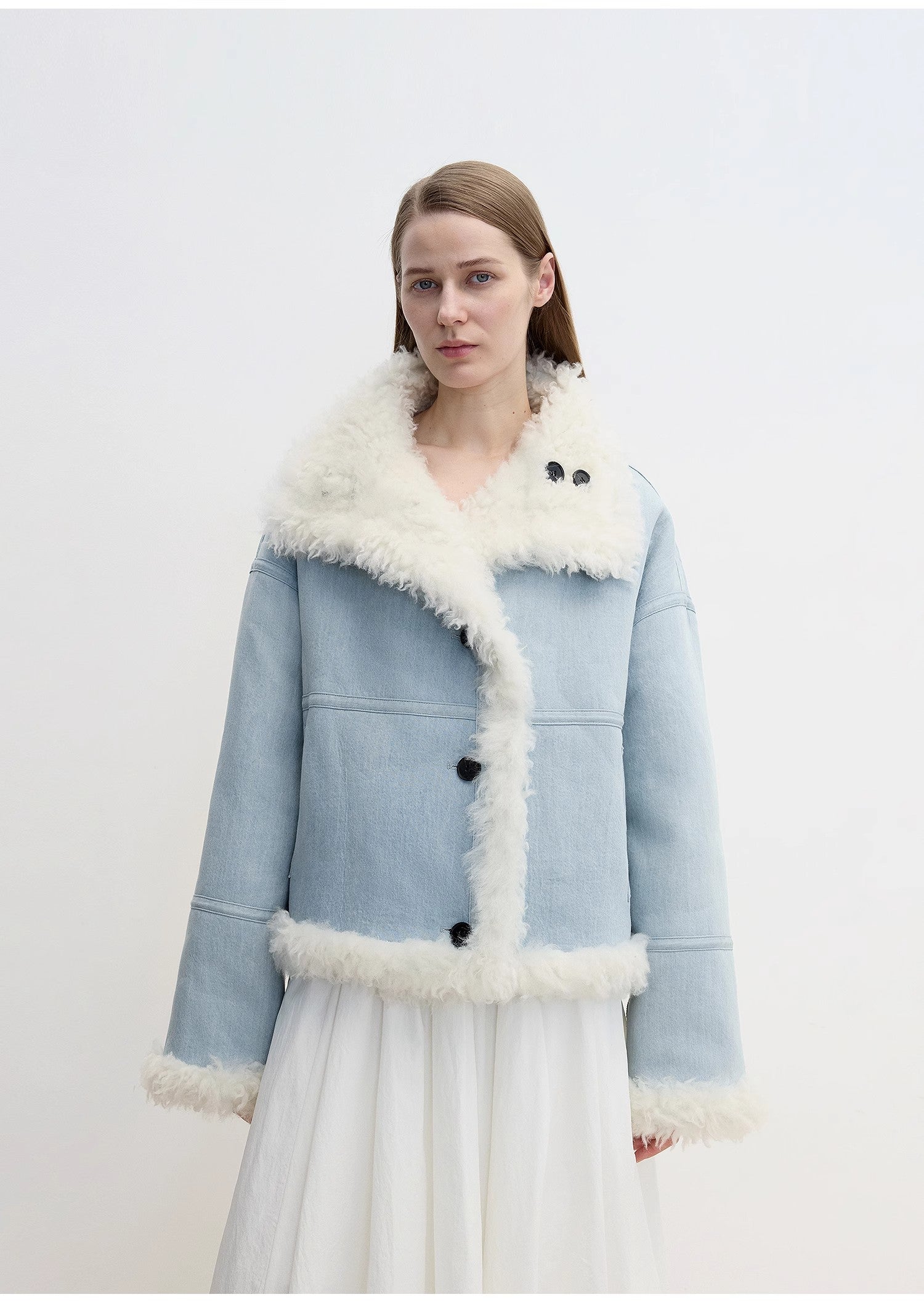 "Mint Glacier"Flip Collar Reversible Shearling Denim Wool Jacket-4
