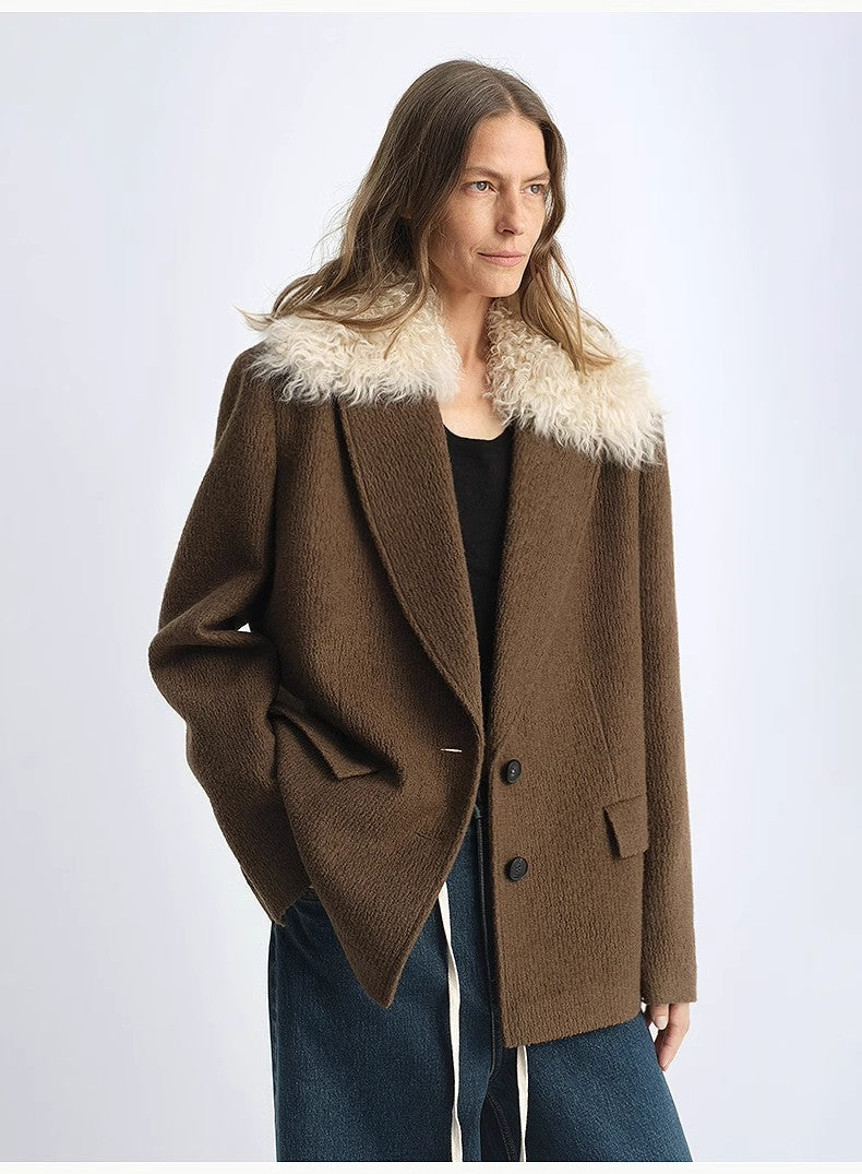"Vertical Texture" Wool Tweed Coat Detachable Fur Collar Suit Parker-4