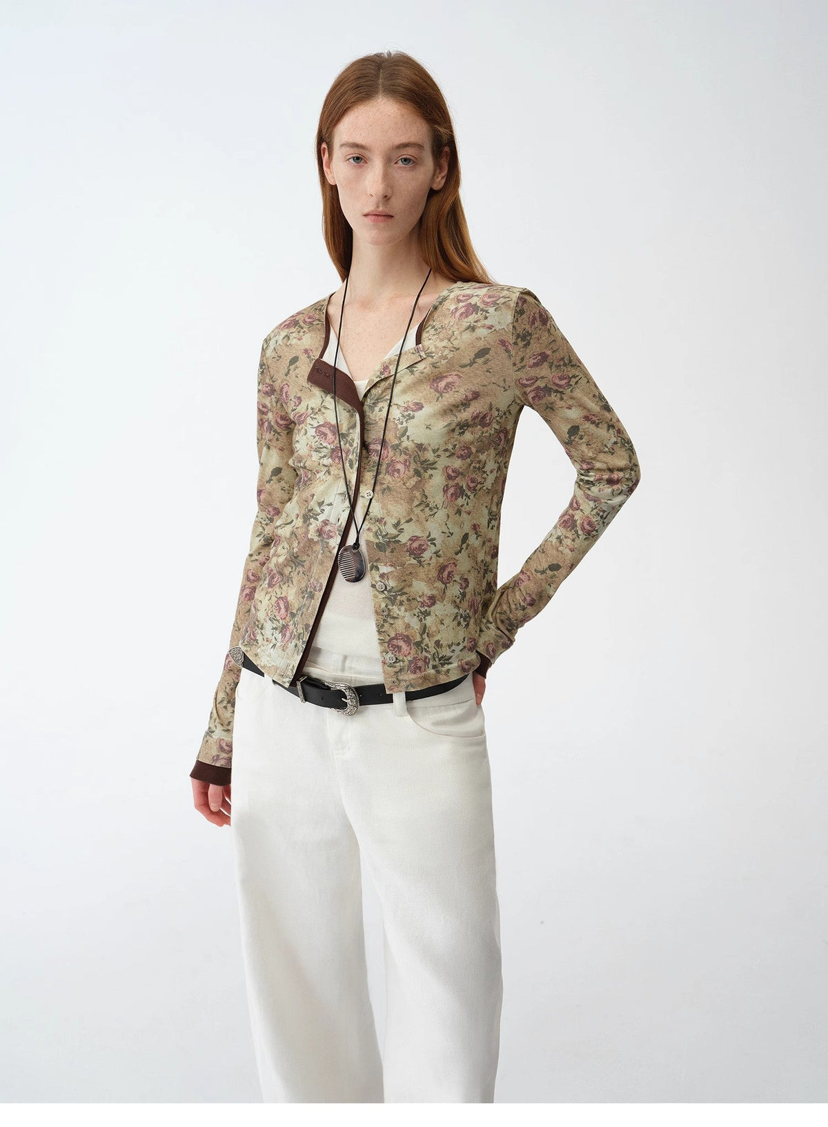 "Senna Flower House" original retro ethnic print Tencel Merino wool blend long-sleeved shirt-1