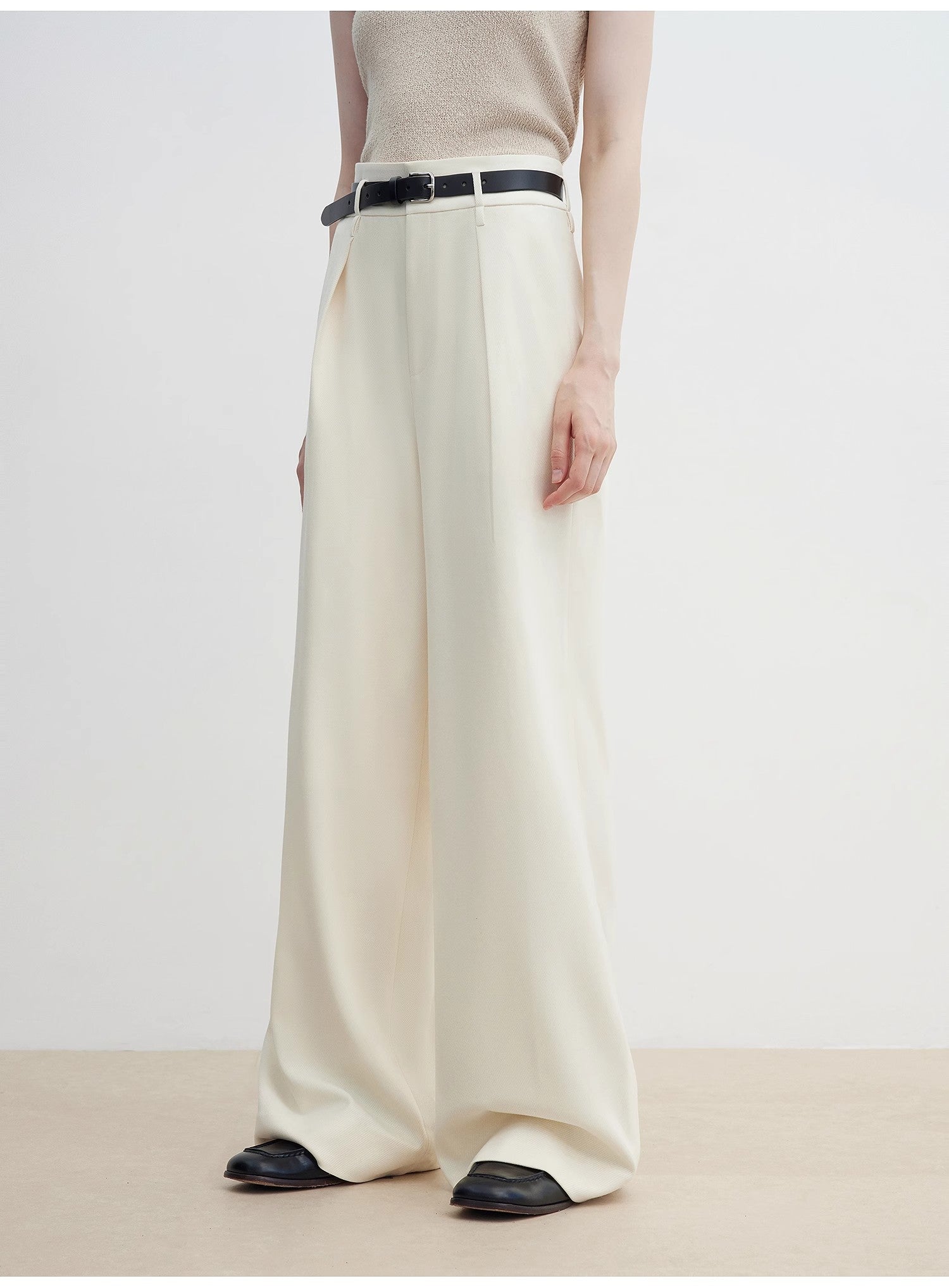 Women's white straight casual wide waist drape floor-length wide leg pants-4