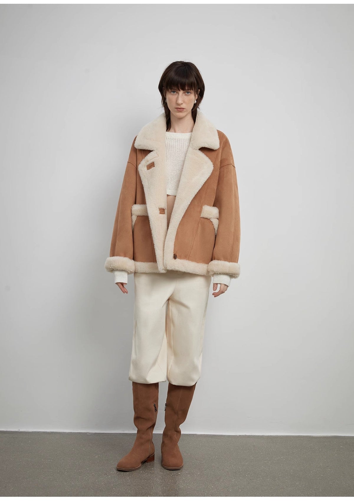 “Shepherds” Lapel biker wind wool artificial compound suede shearling coat  female-0