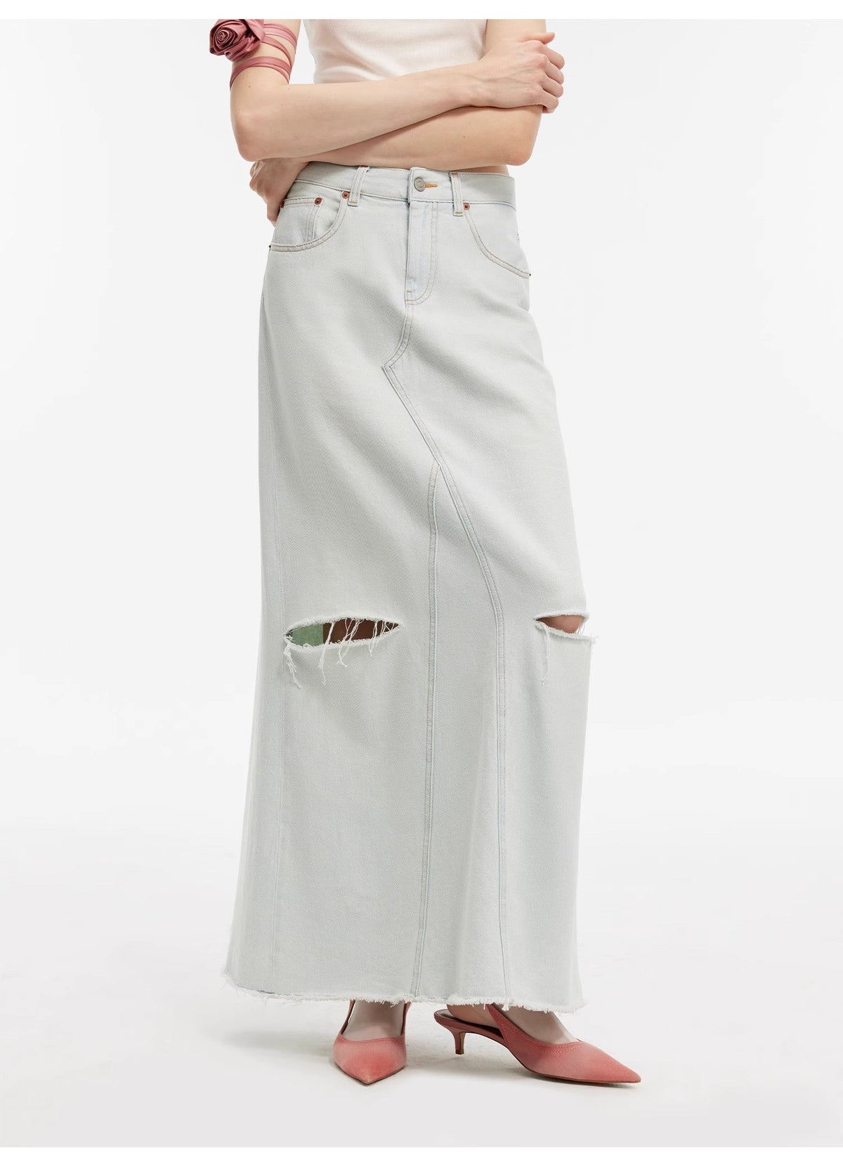 "Walden Pond" Turkish Imported Wash-faded Distressed Hole Denim A-line Skirt-4
