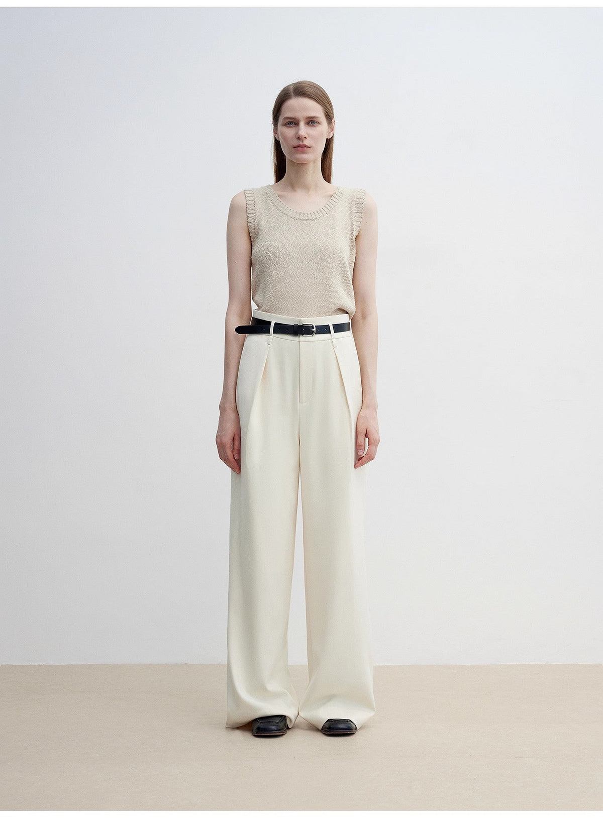 Women's white straight casual wide waist drape floor-length wide leg pants-0