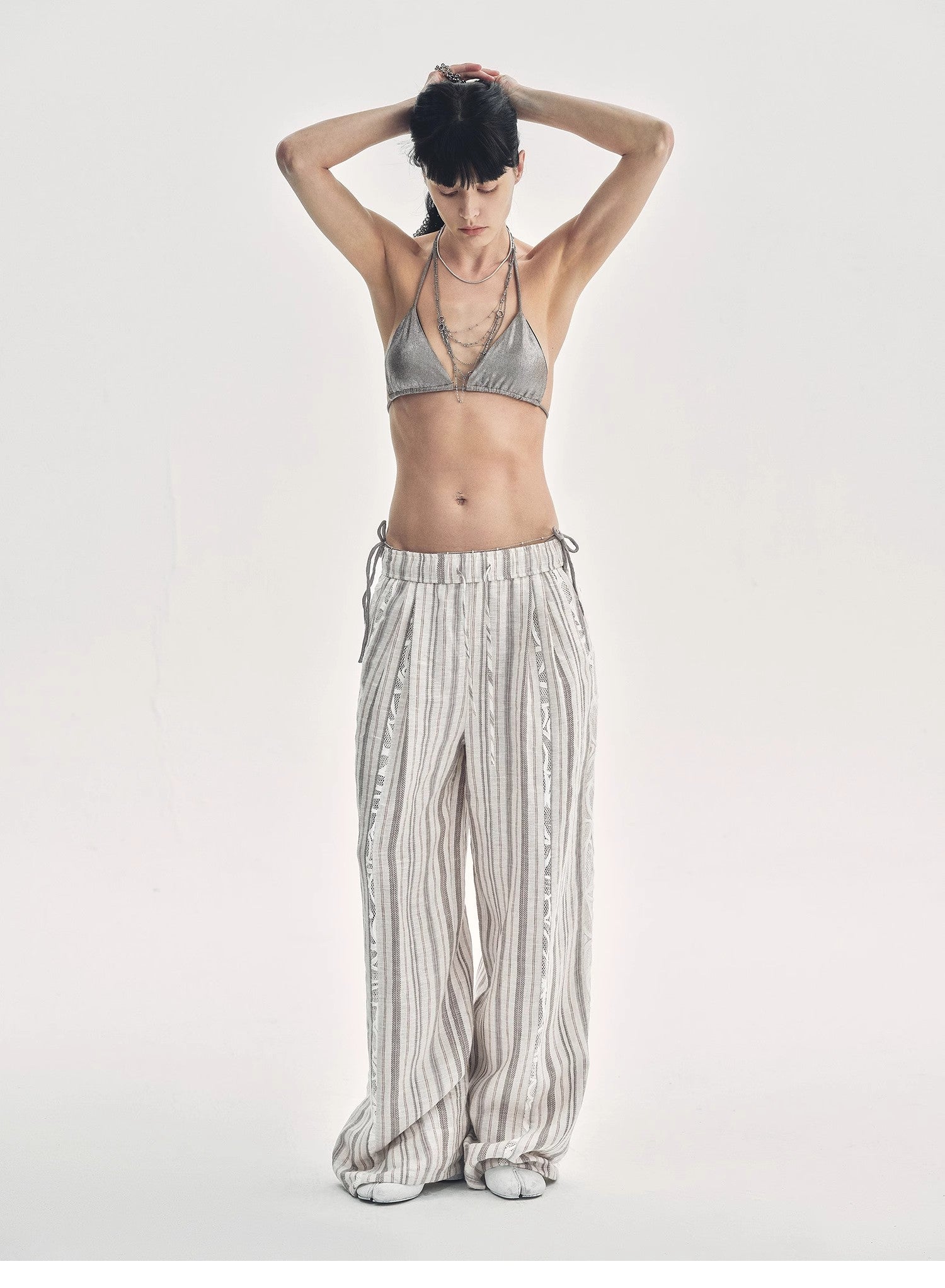 "Fashion Tension" Linen Vertical Stripe Drape Wide Leg Casual Pants-4