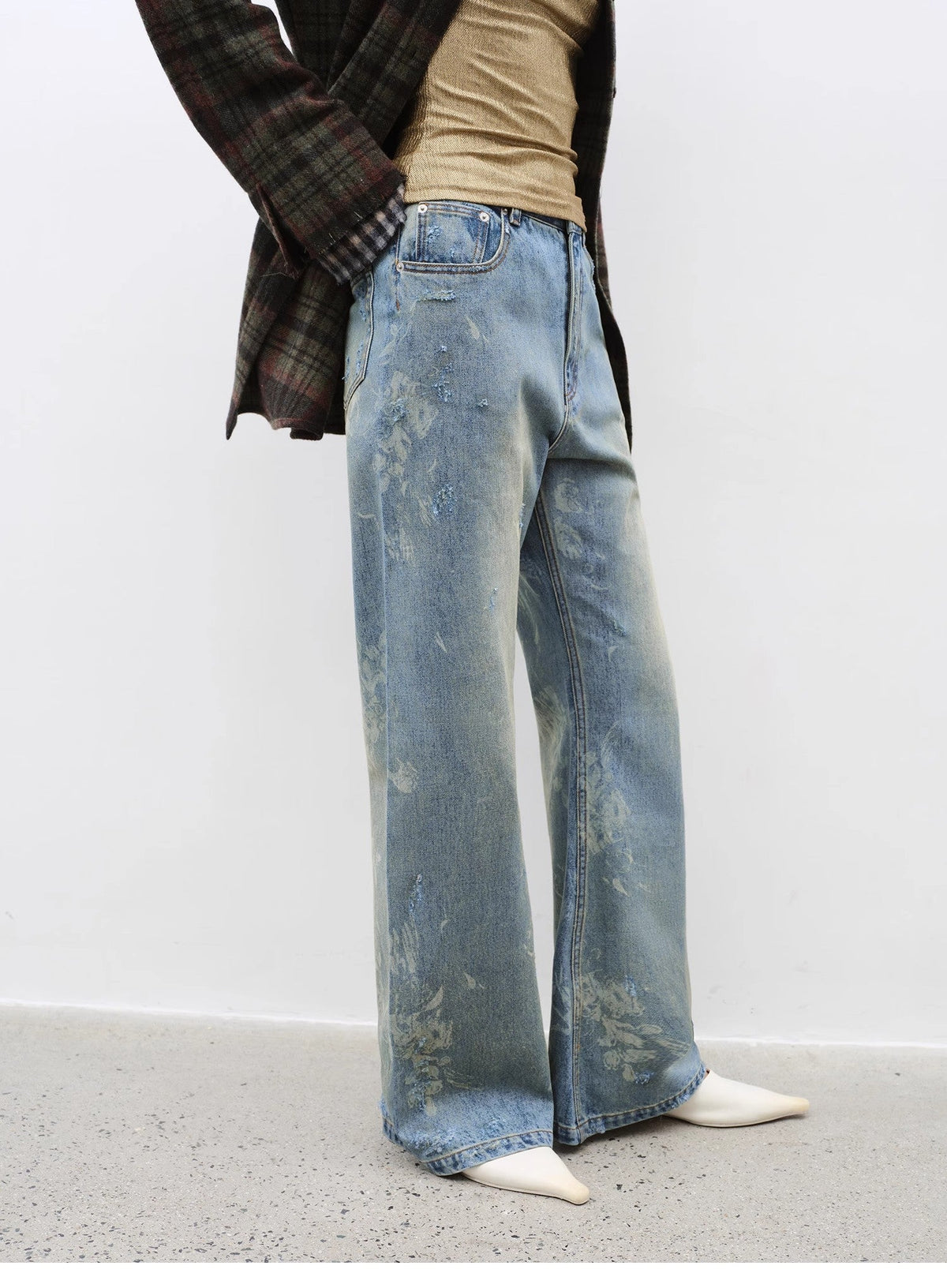 "Denim Shadow"retro washed printed layered casual slimming cotton bootcut jeans-4