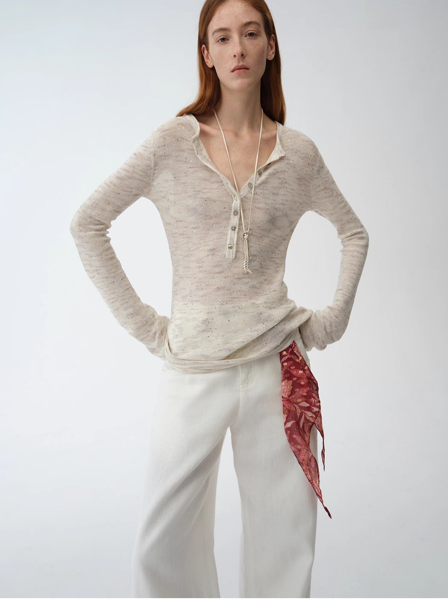 "Perry Moonlight" fashionable cotton and linen beaded fancy yarn waisted bell sleeves round neck cardigan knitted top-1