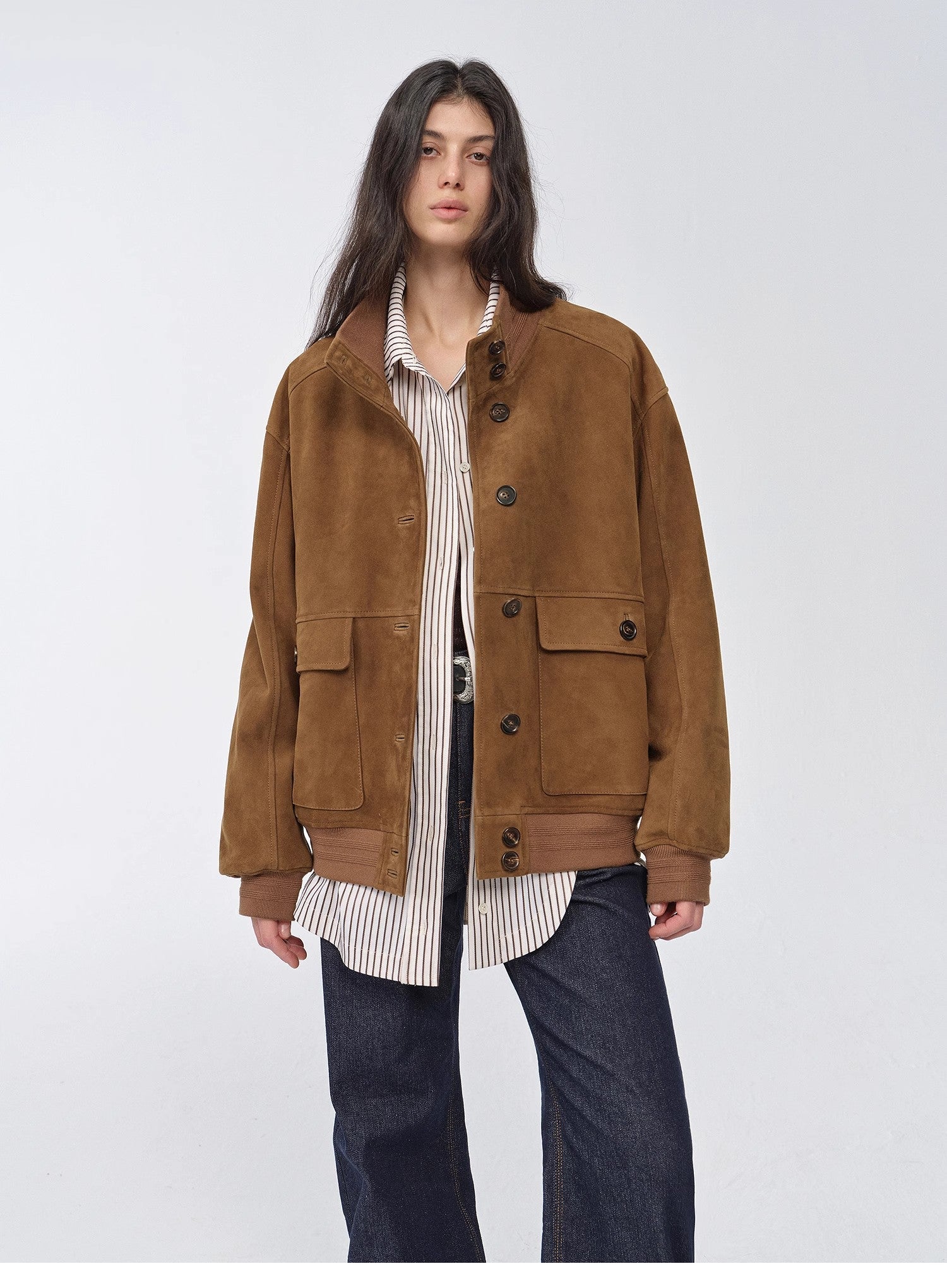 "Spring Whisper" Vintage imported suede sheepskin leather ribbed patchwork jacket-1
