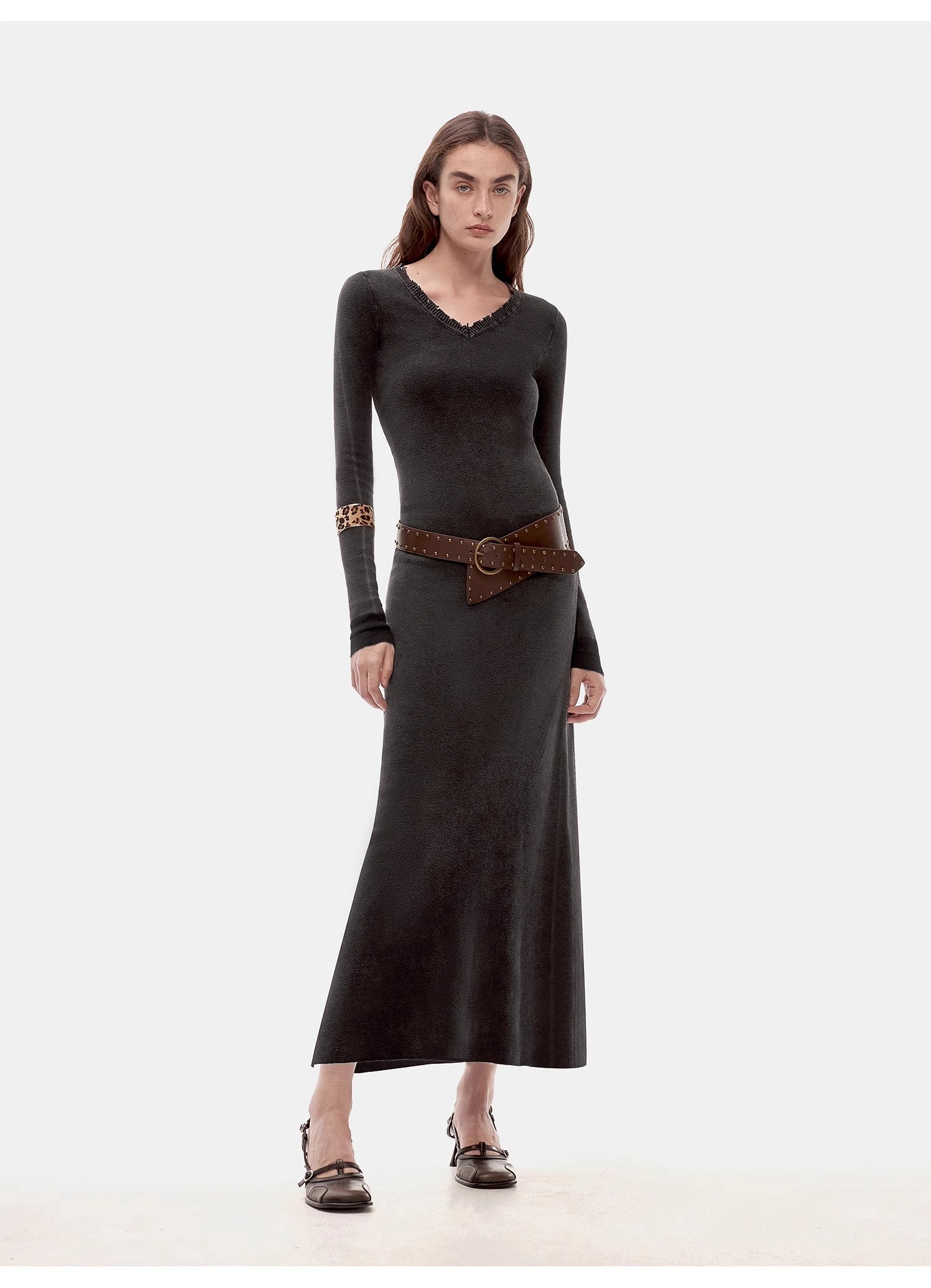 "Kalle Morning" fashionable fermented washed distressed raw edge V-neck waist dress for women-0