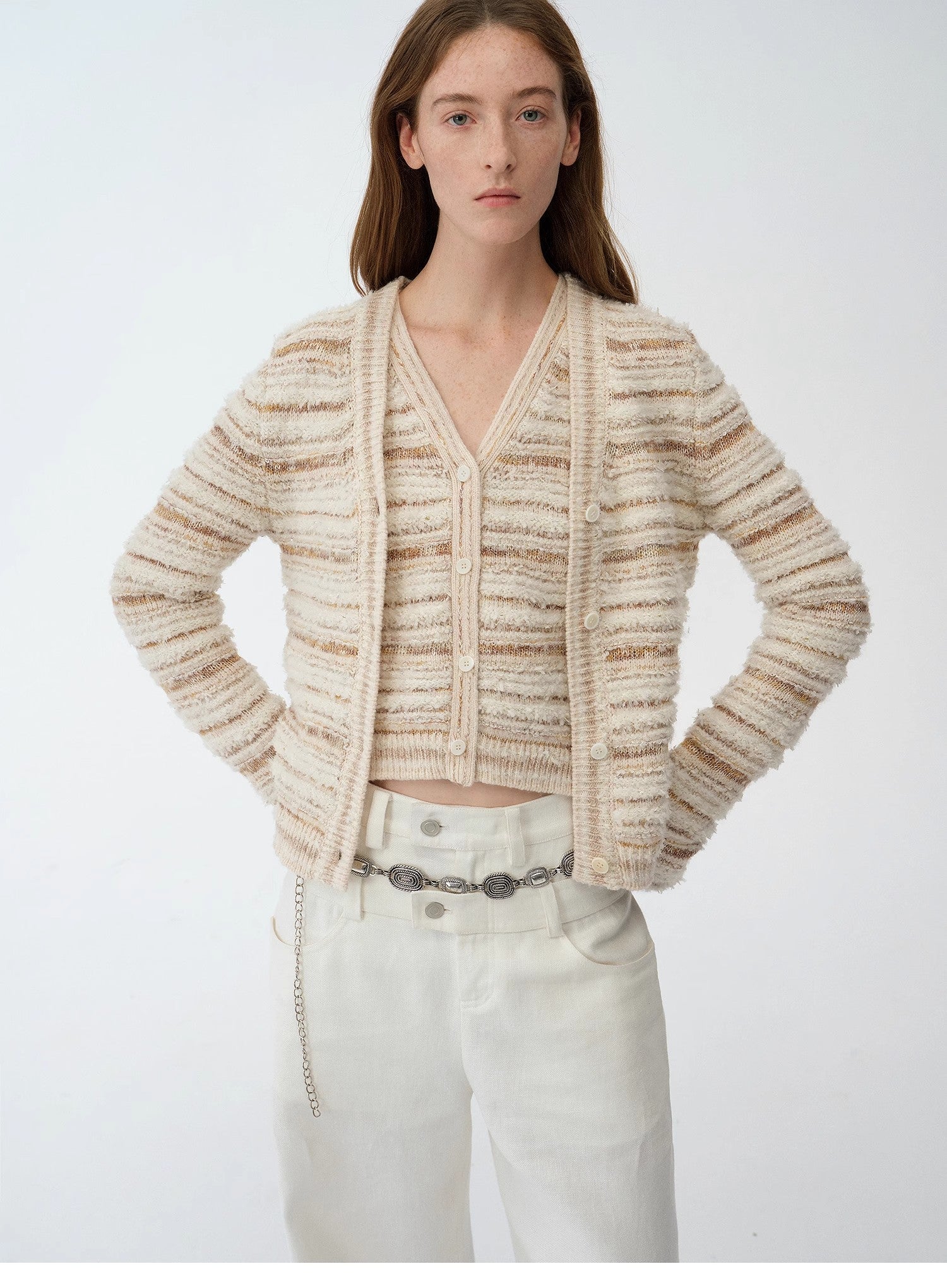 "Nice Weekend" striped mixed woven V-neck early spring layered knitted cardigan top/vest-1