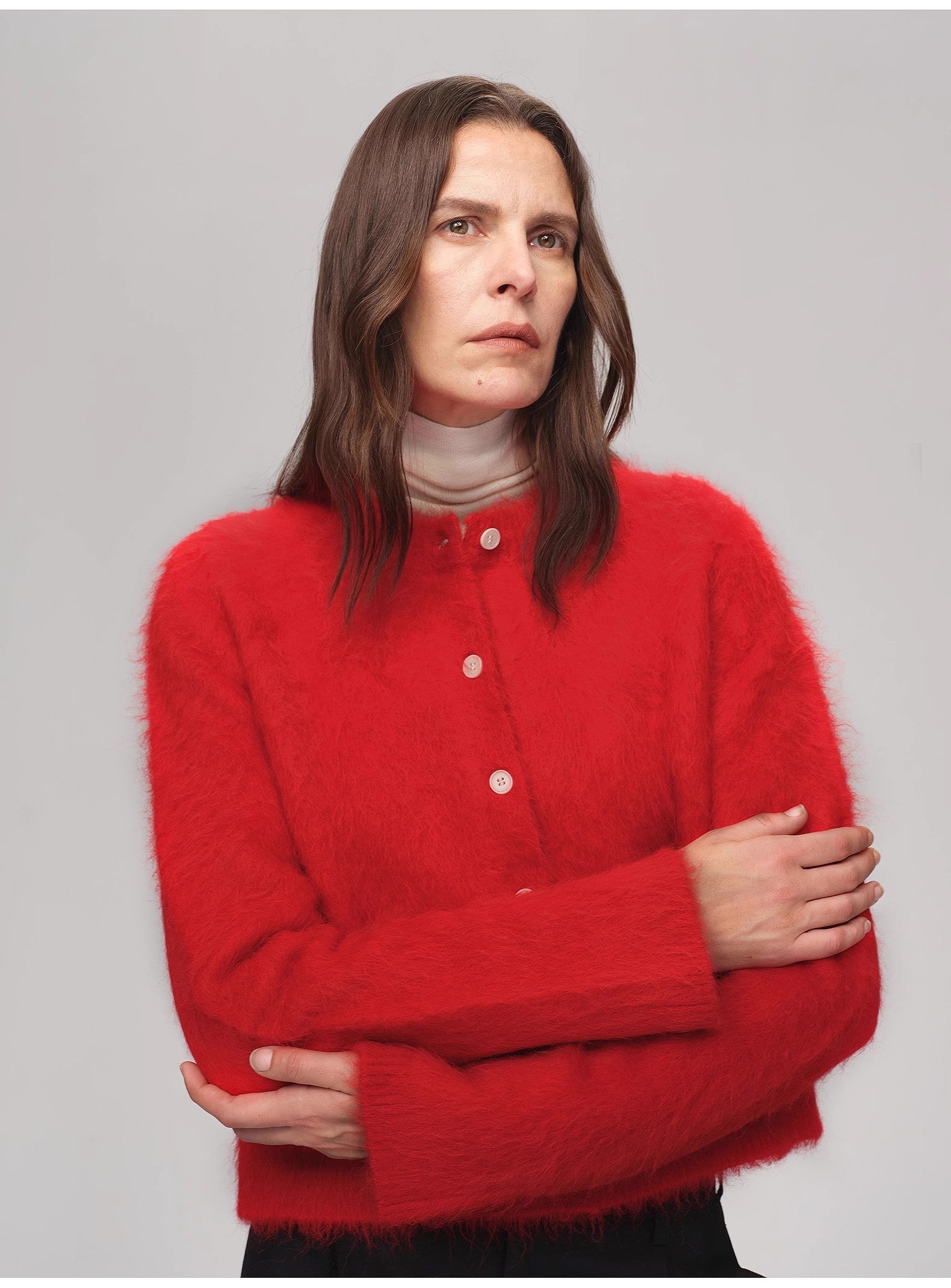 Albaca Alpaca Brushed Round Neck Straight Cardigan Women's Sweater-1