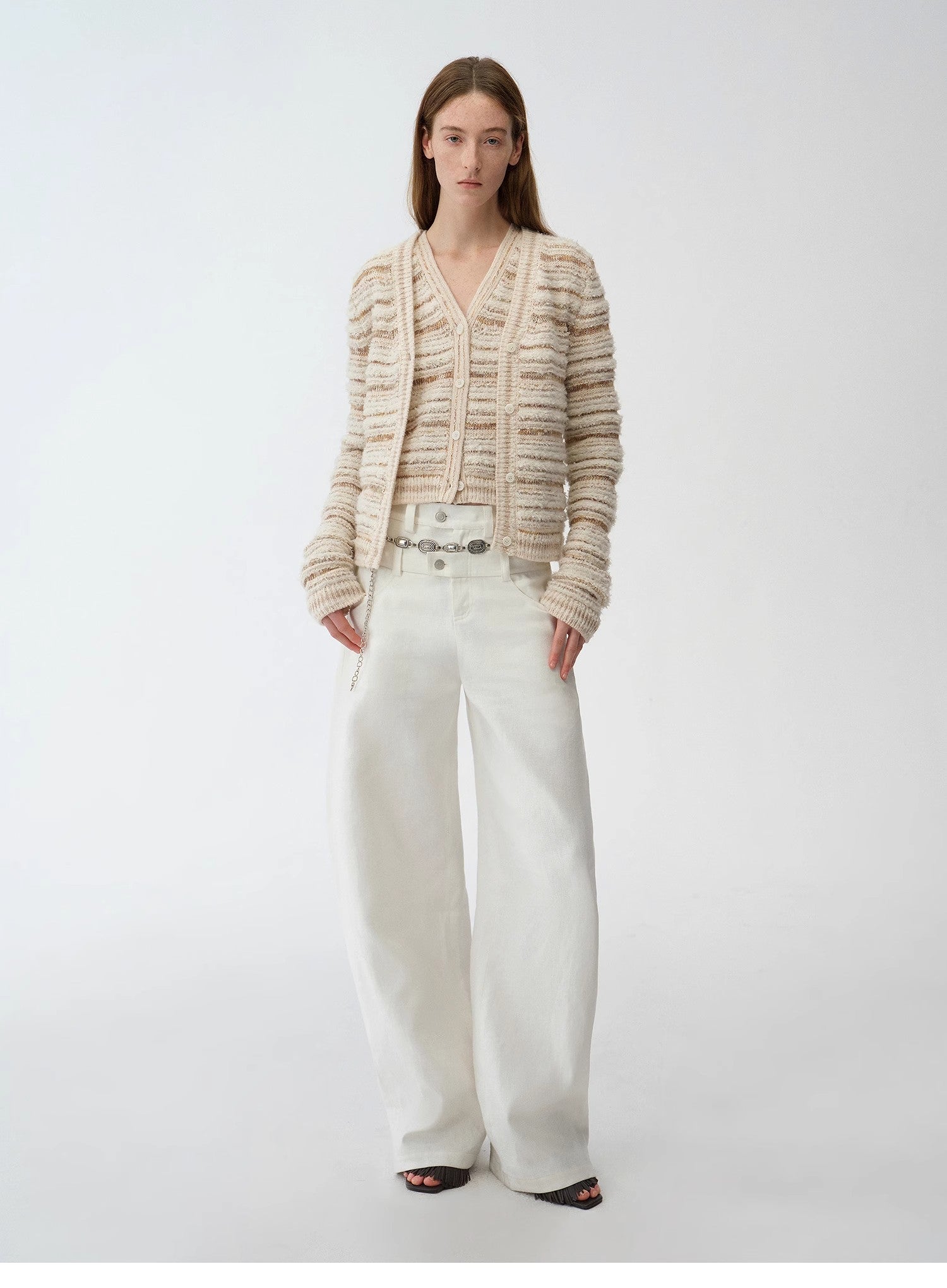 "Nice Weekend" striped mixed woven V-neck early spring layered knitted cardigan top/vest-4