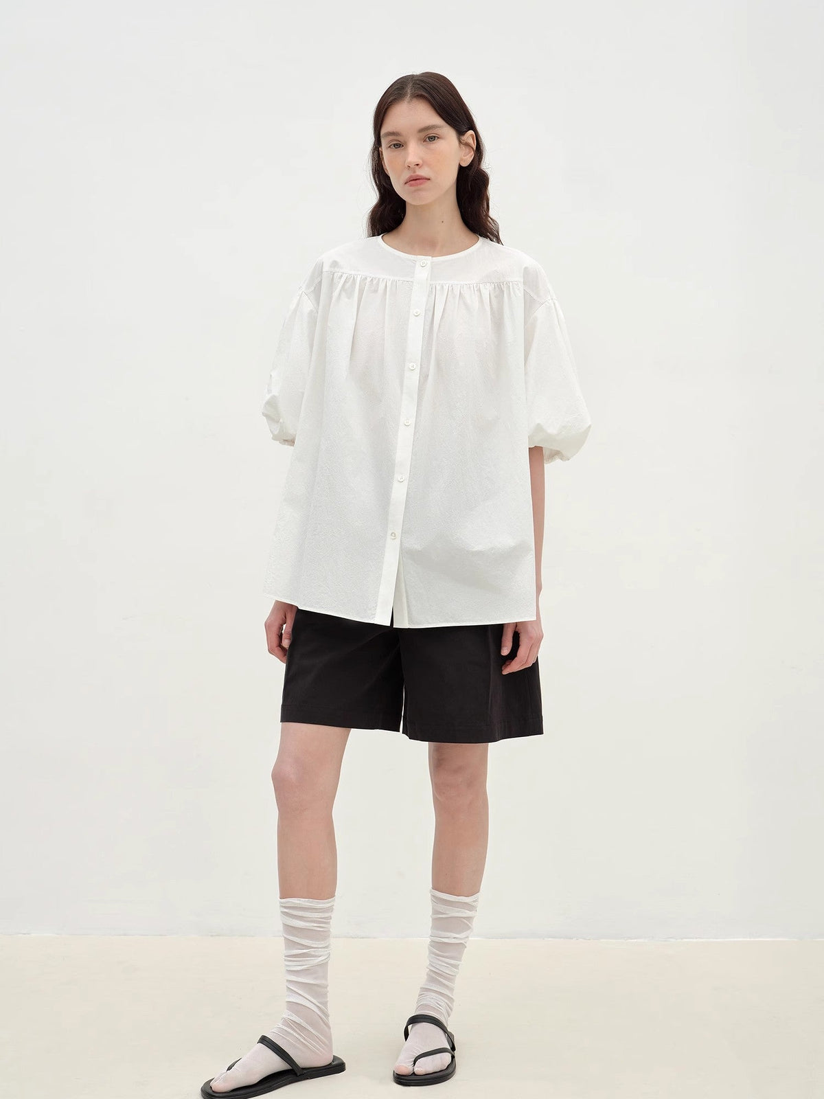 "Romantic Line Drawing" Pure Cotton Slightly Wrinkled Puff Sleeve Short Top for Women-0