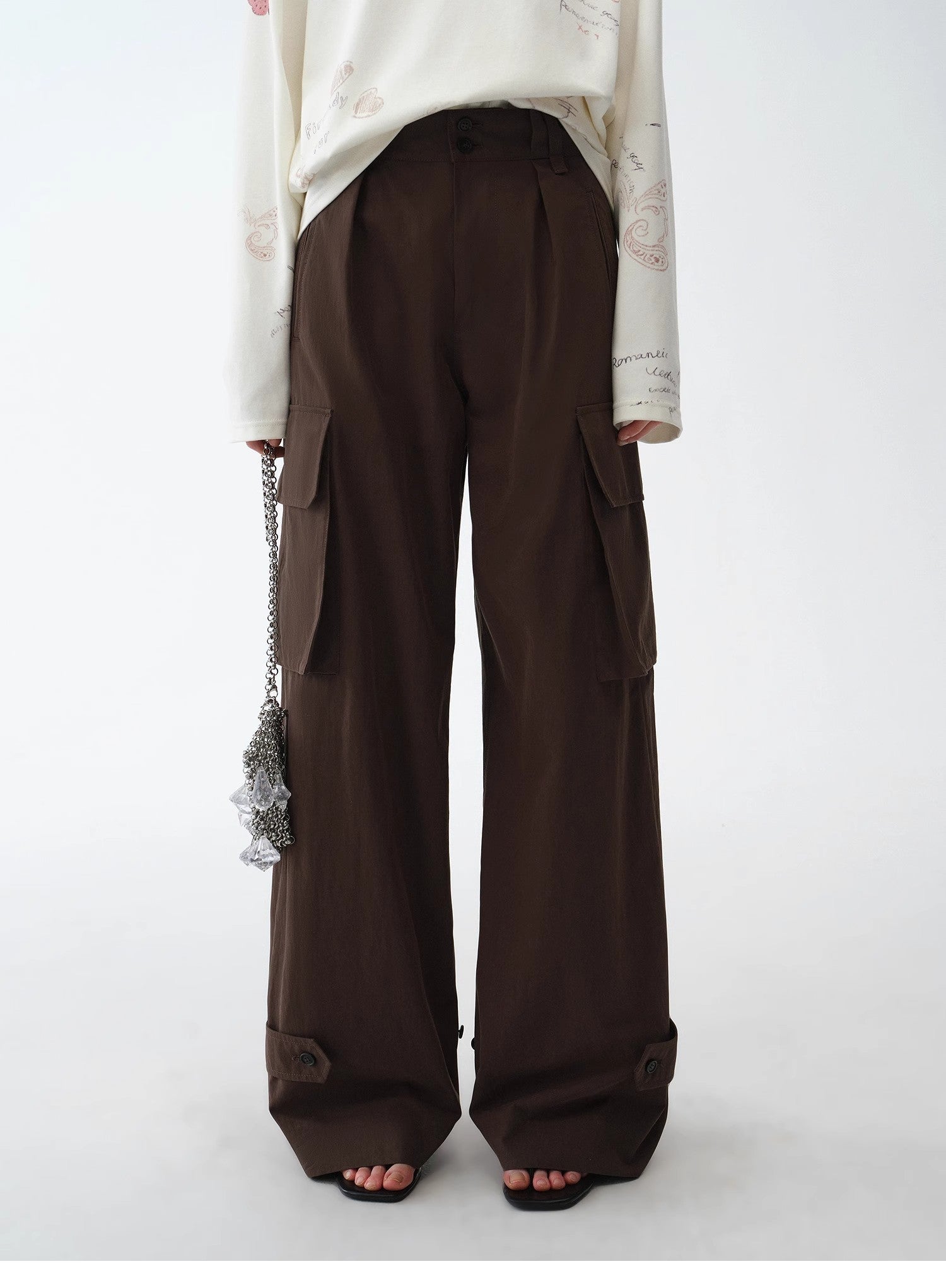 "Leisure First" Personalized three-dimensional large patch pocket straight wide-leg work trousers-1
