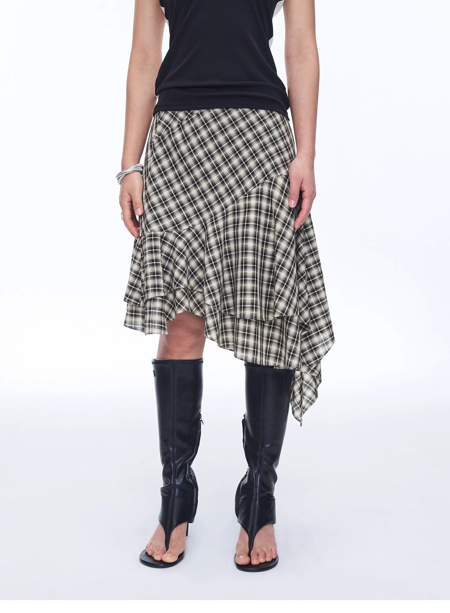 "Full-level ballet" Tencel acetate plaid irregular A-line skirt-1