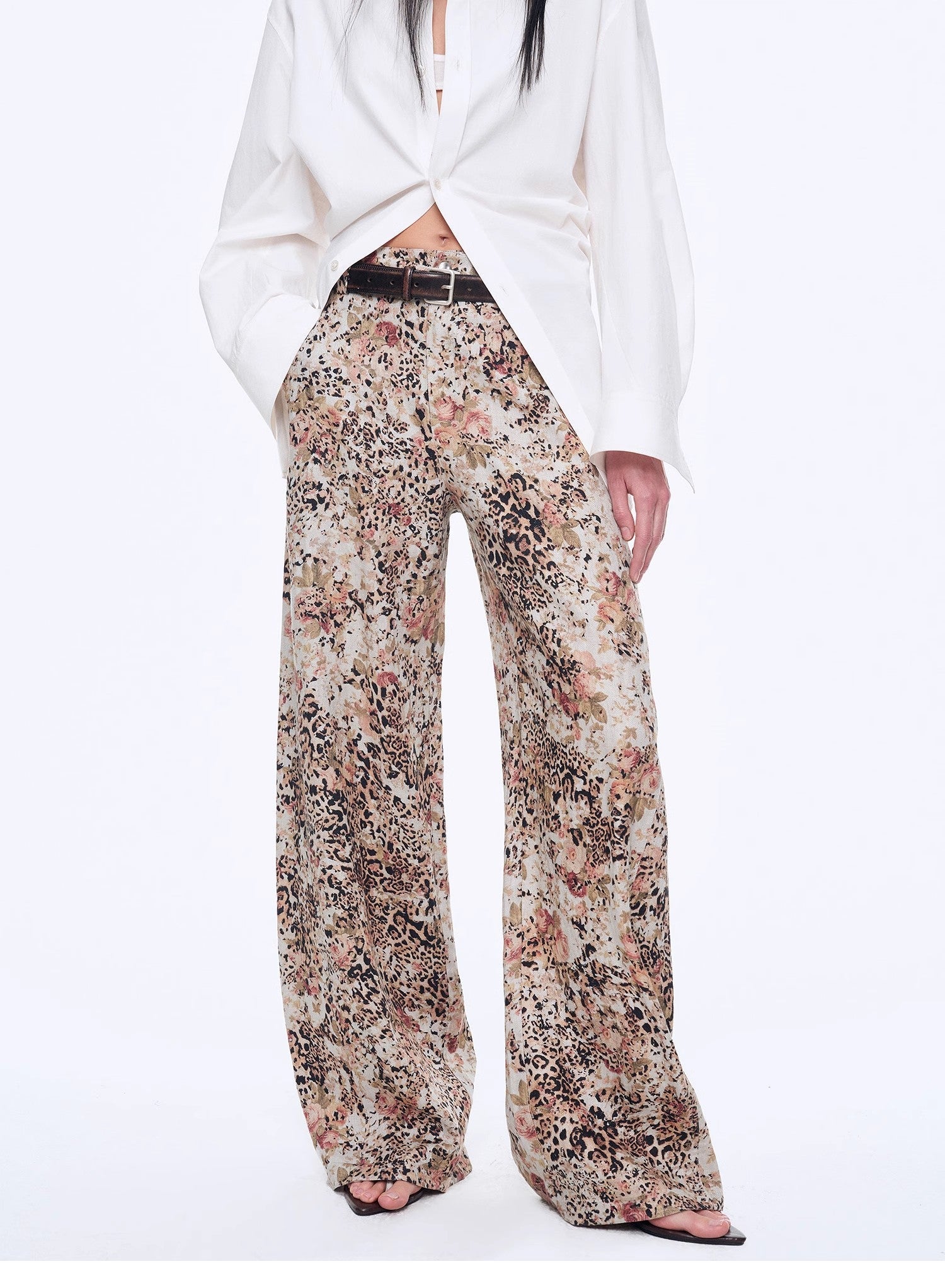 "Slow Paris" Vintage Print Linen Blend Cut Scimitar Wide Leg Casual Pants-1