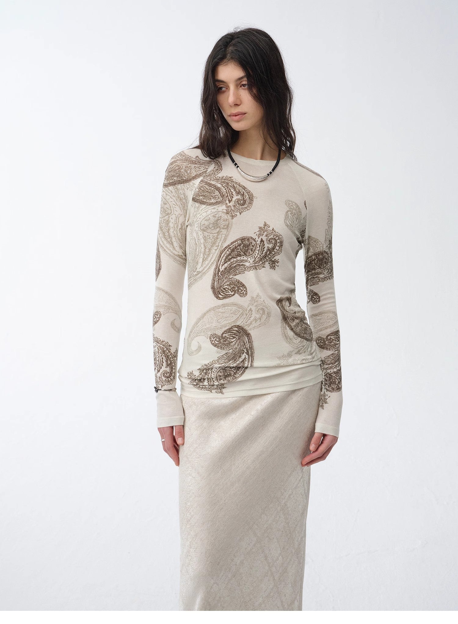 "Vintage Gene" Tencel wool original cashew print round neck slim long sleeve T-shirt top-4