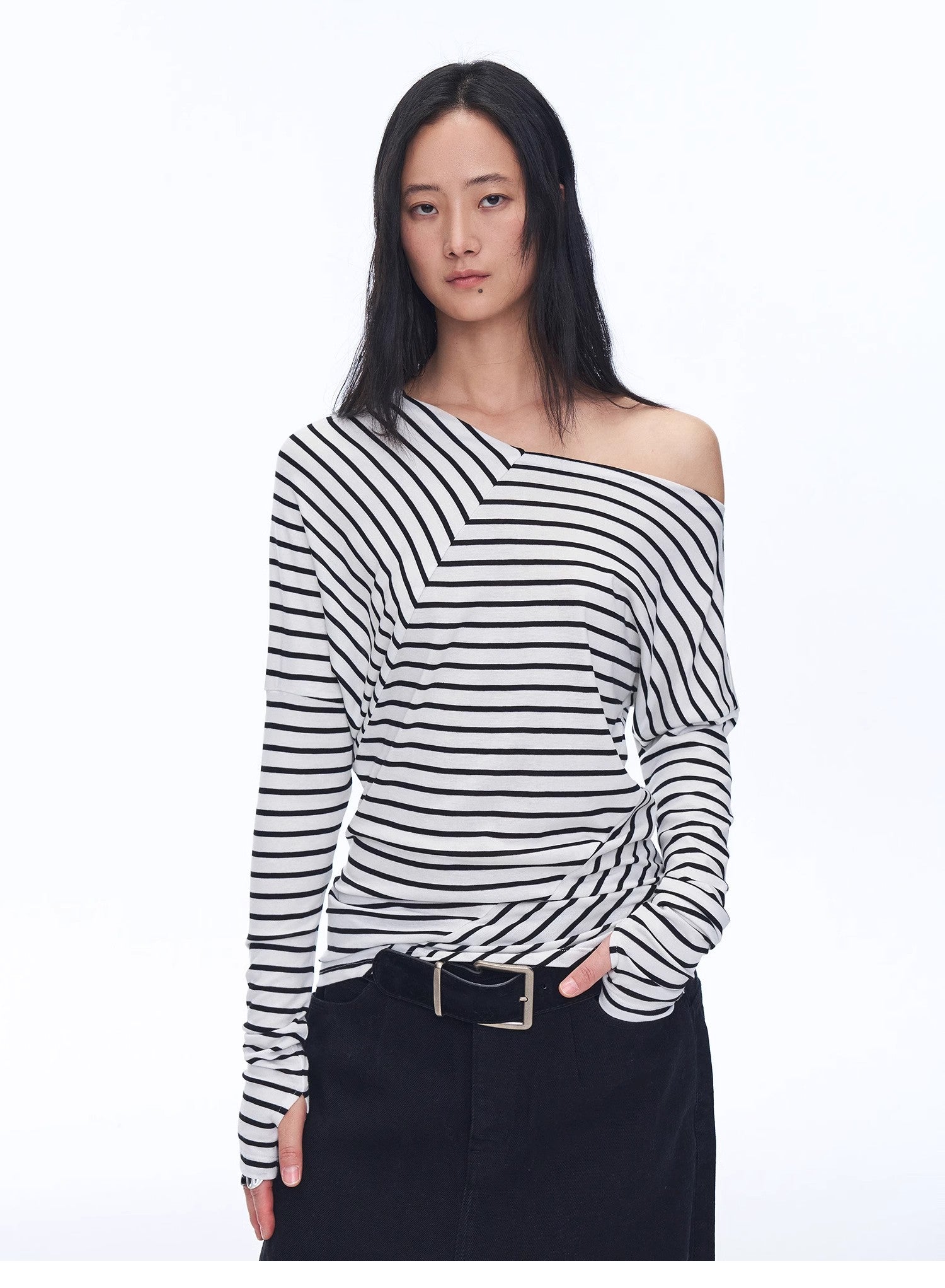 "Picasso Lines" fashionable off-shoulder Lyocell Tencel wool blended draped patchwork striped T-shirt-1