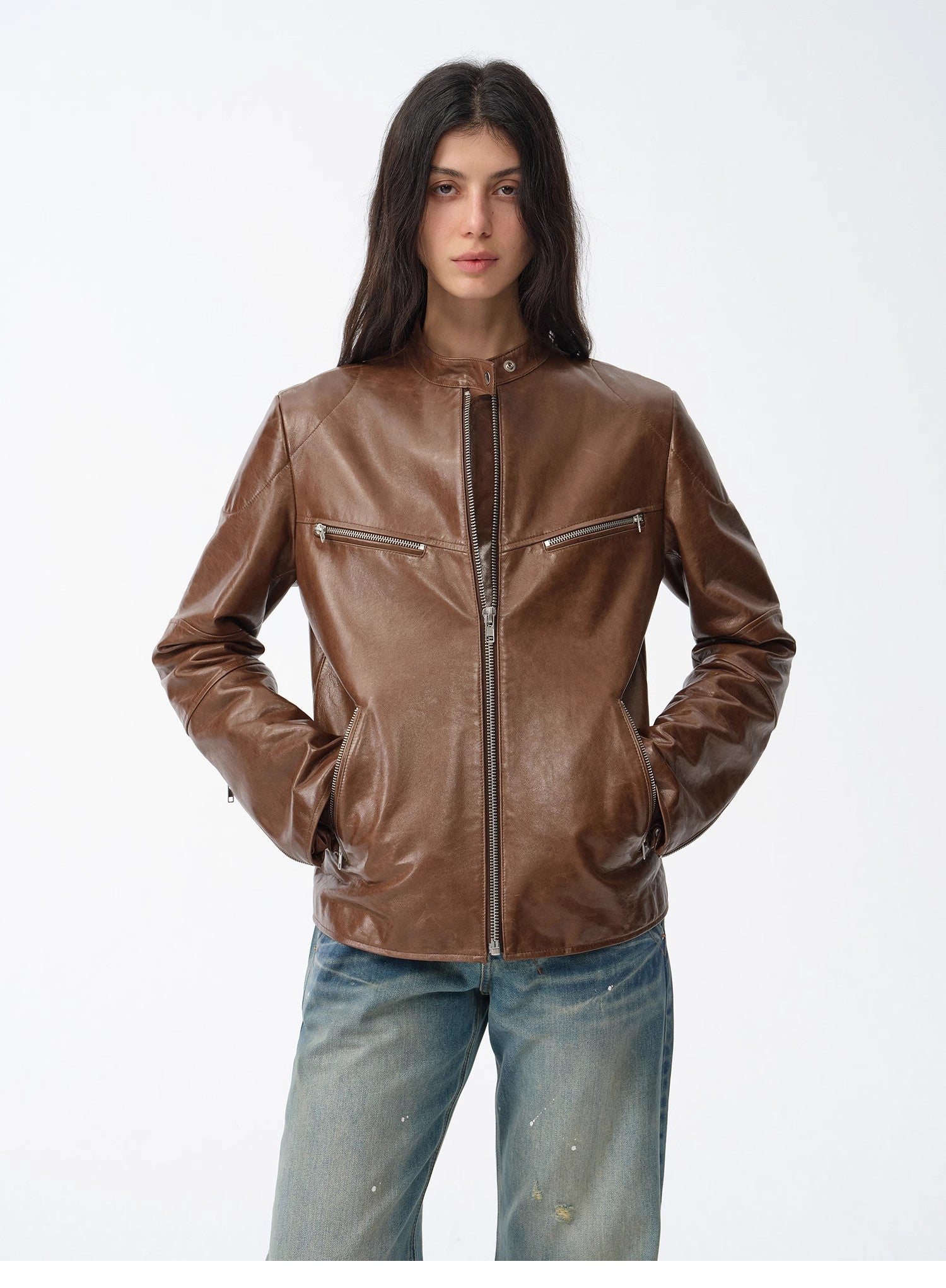 "Manhattan Dark Night" New Zealand imported waxed sheepskin/cowhide vintage motorcycle leather jacket-1