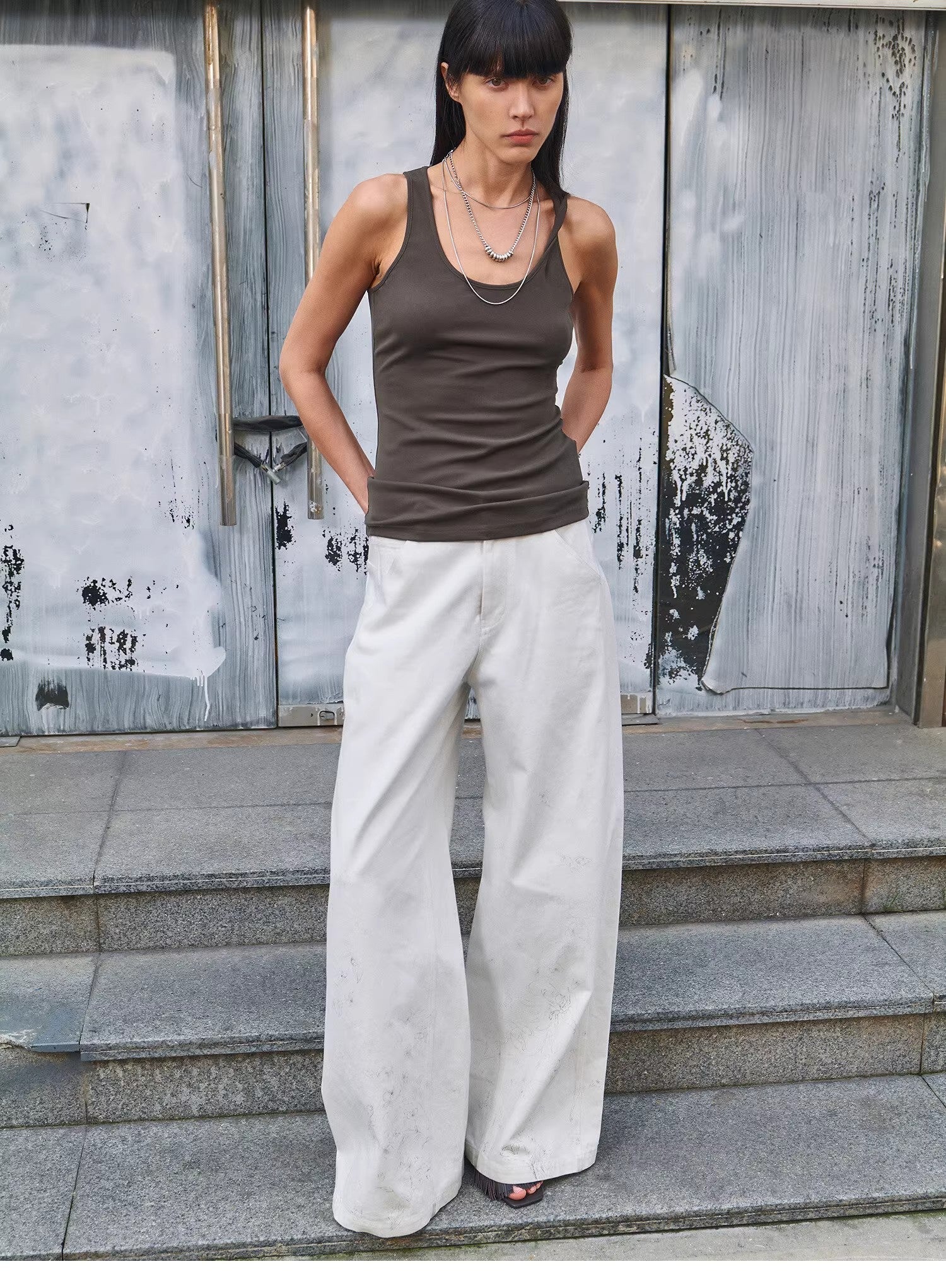 "Simple White Draft" Hand-painted Printed Slightly A Straight Jeans-1