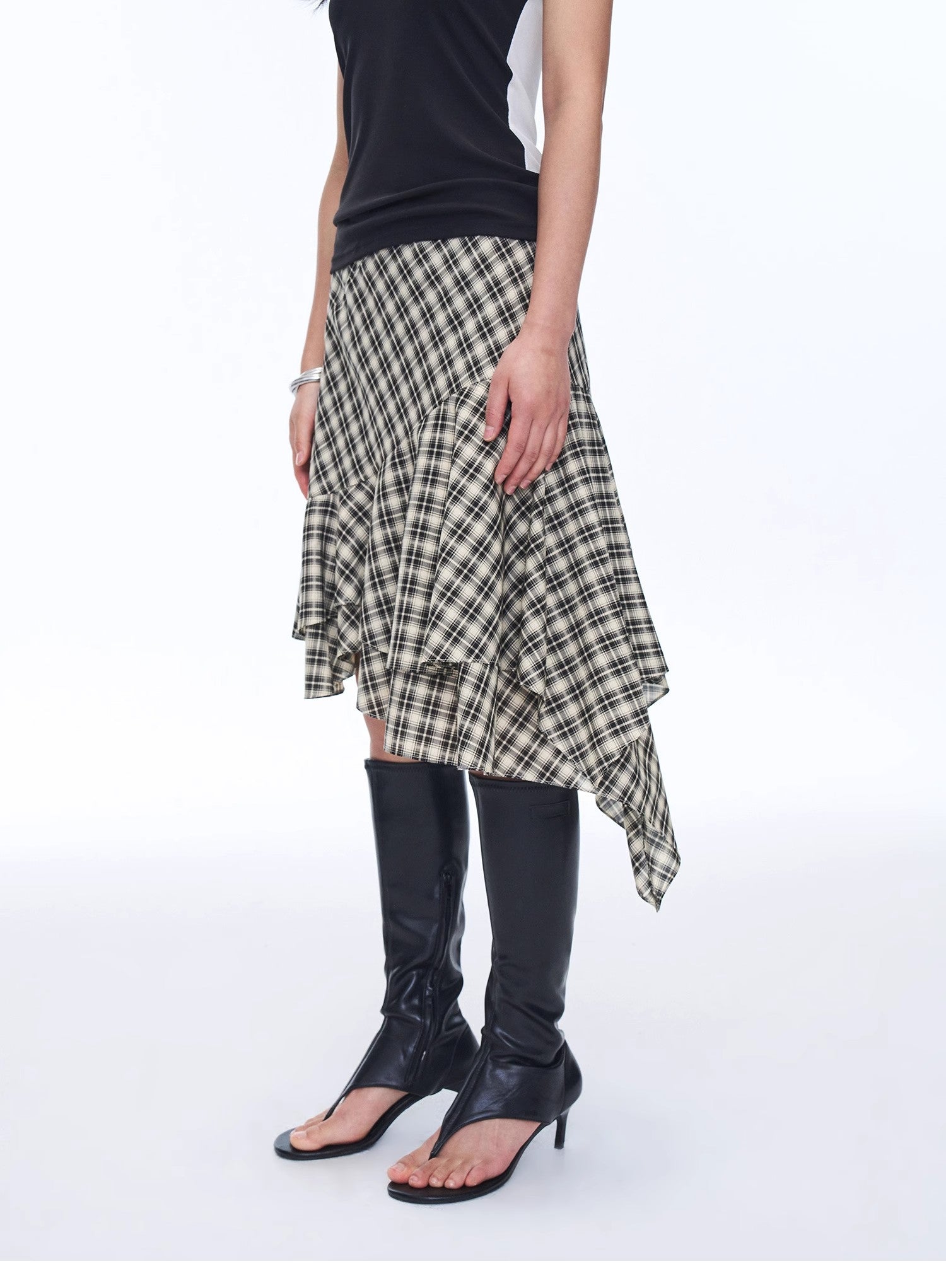 "Full-level ballet" Tencel acetate plaid irregular A-line skirt-4