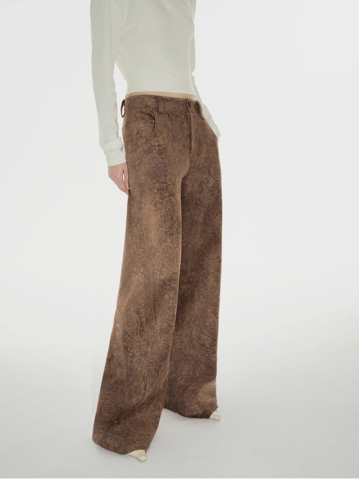 "Vintage Walk" Retro nostalgic chenille suede mid-rise cashew smudge print scimitar pants-4