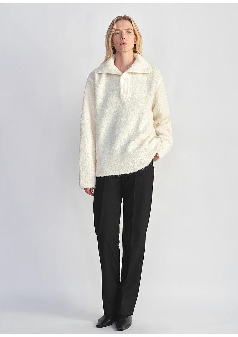 Alpaca wool blended bouclé yarn Spliced POLO shirt Lazy and relaxed sweater-0