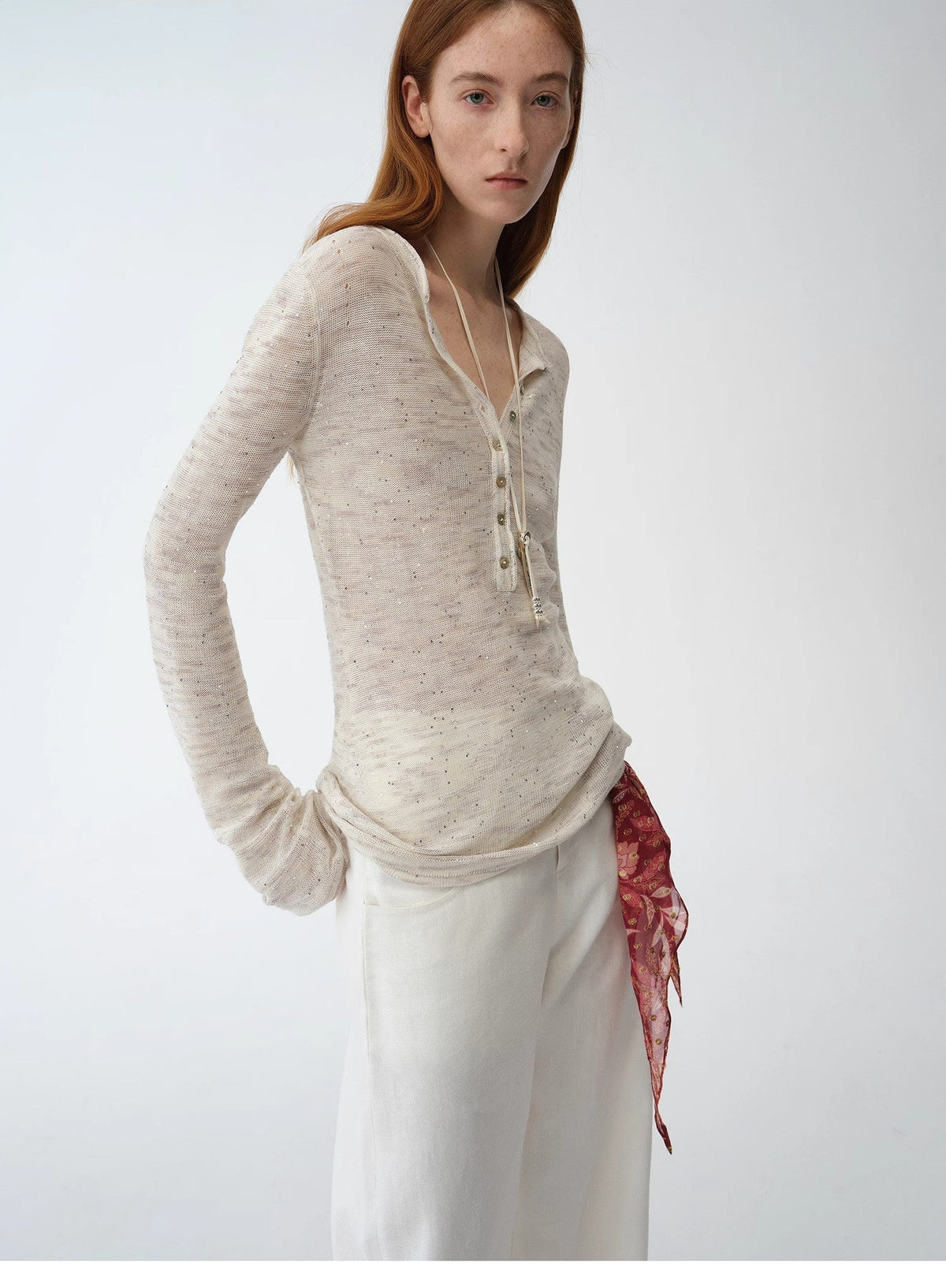 "Perry Moonlight" fashionable cotton and linen beaded fancy yarn waisted bell sleeves round neck cardigan knitted top-4