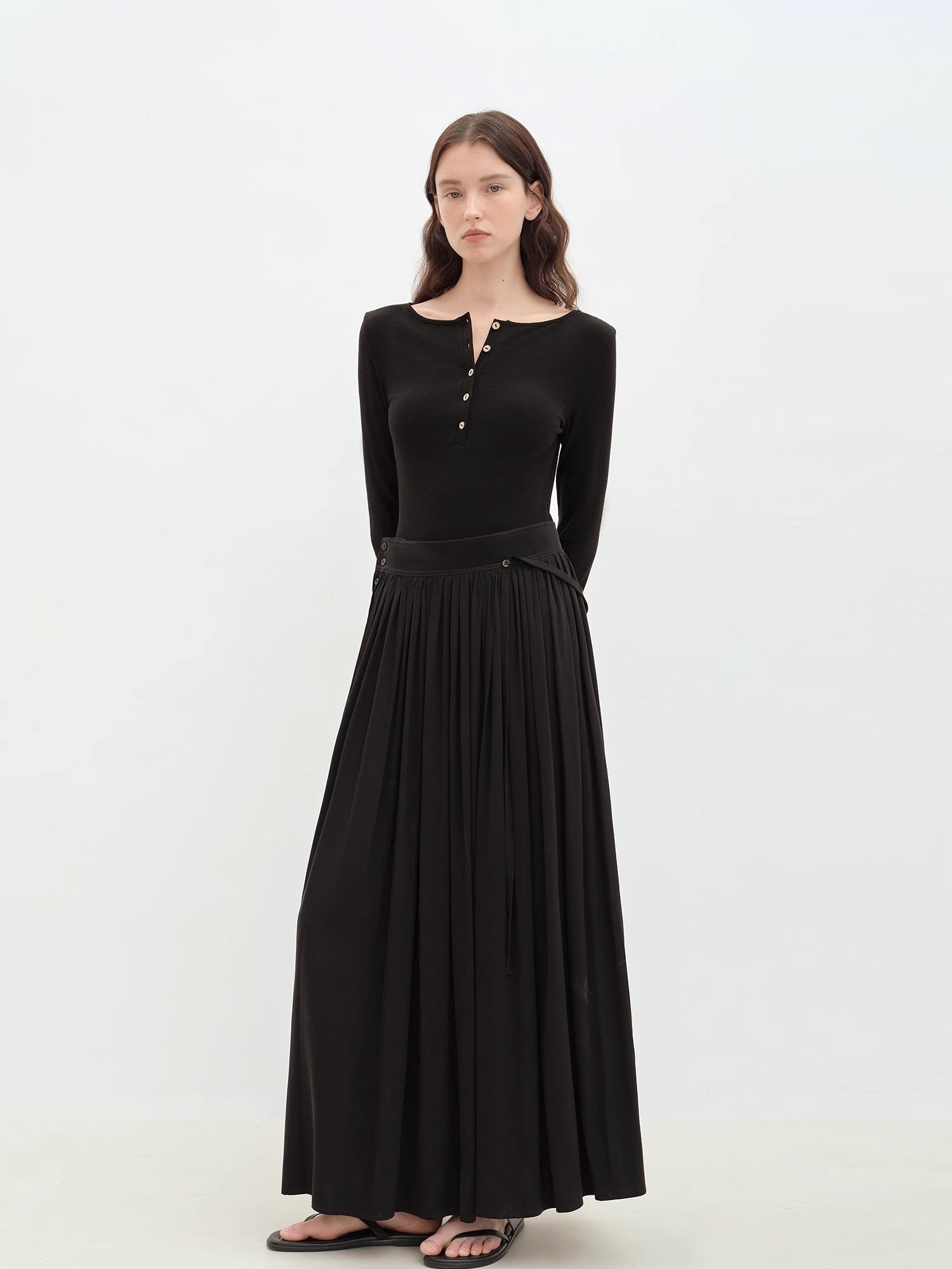 "Floating Lights on the Sea" Adjustable Waist Pleated Straight Dress-0