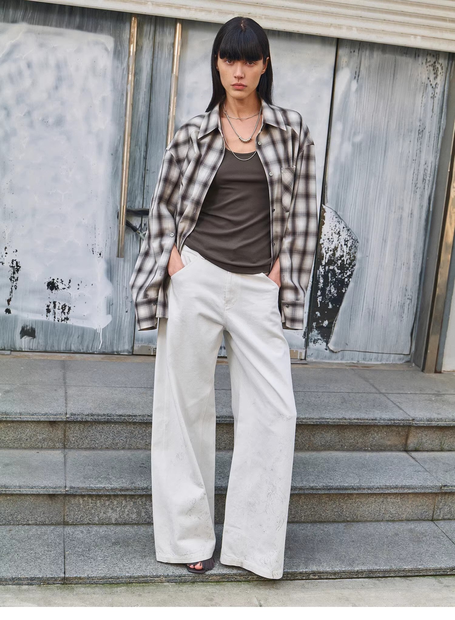 "Simple White Draft" Hand-painted Printed Slightly A Straight Jeans-0