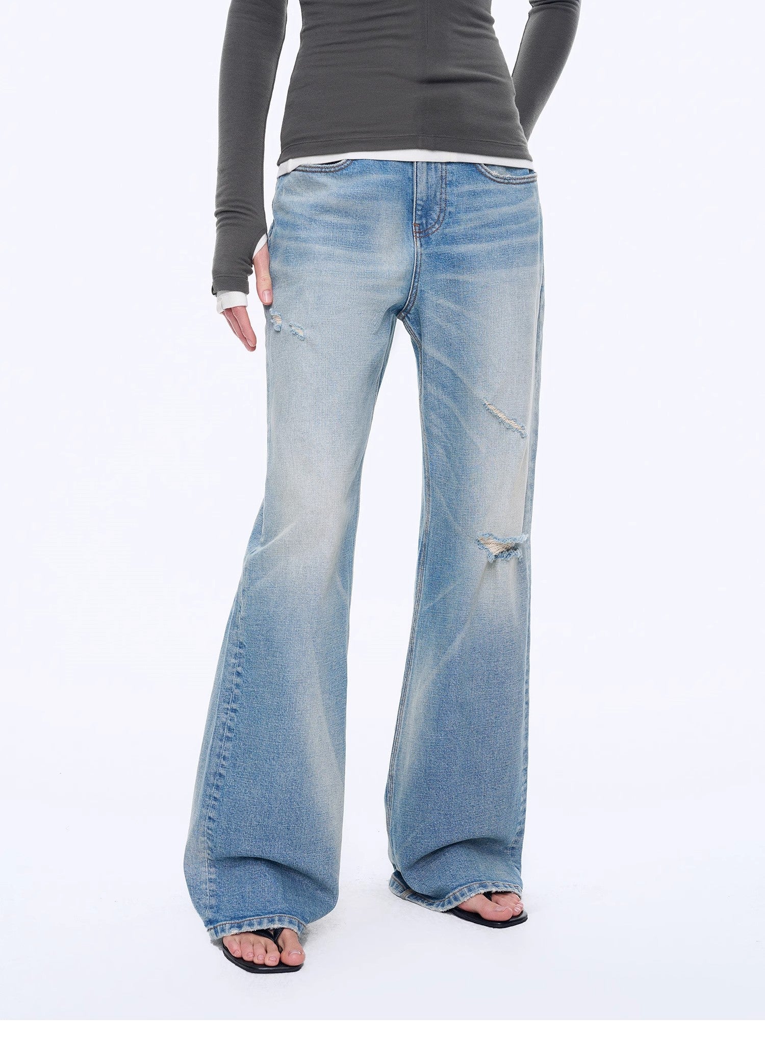 "West City Rhythm" Handmade Whisker Washed Flared Jeans Spring-4