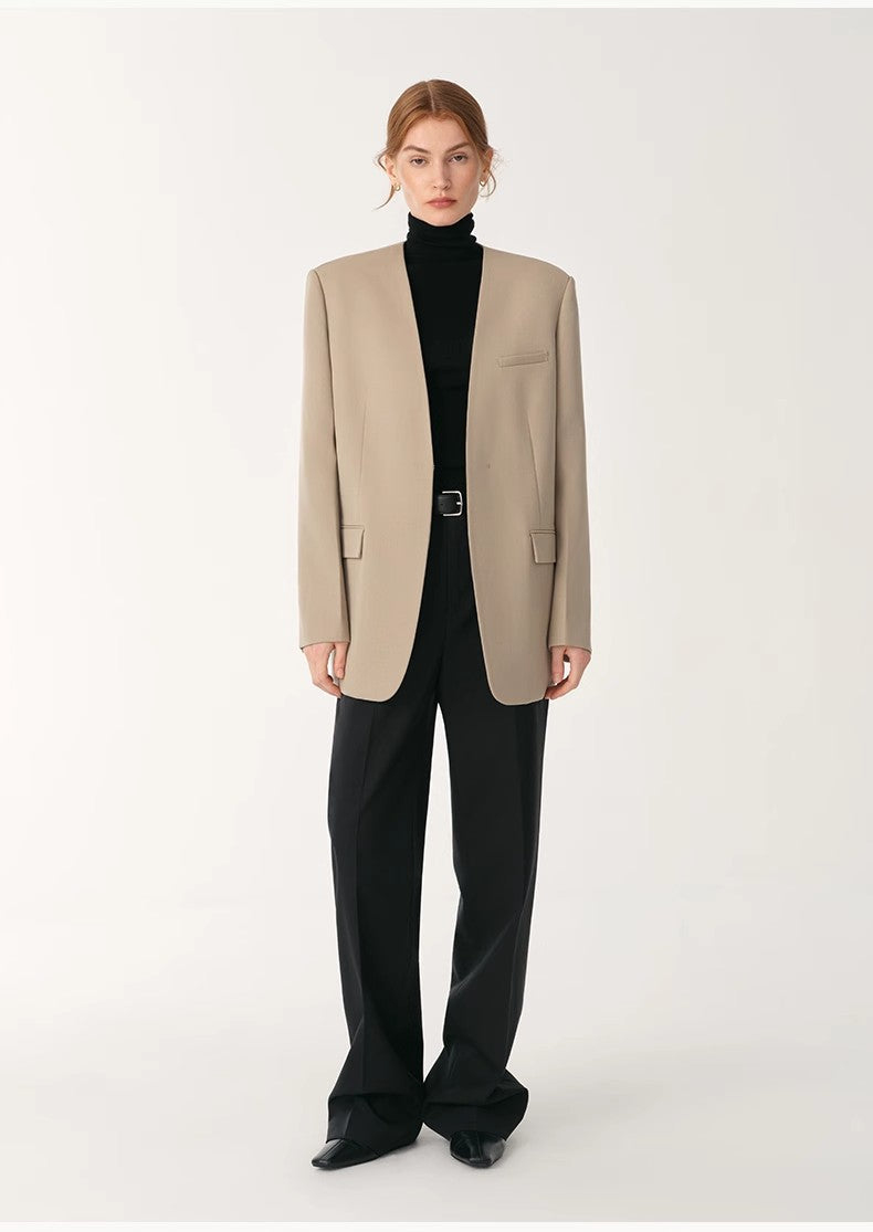 Australian Merino Wool Classic Simple Collarless Deep V-Neck Suit-0