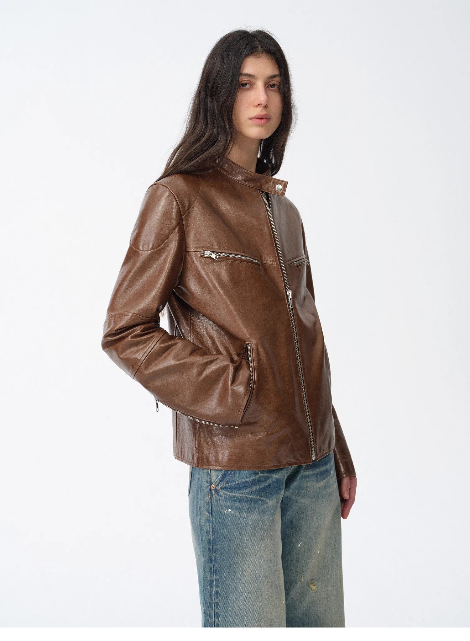 "Manhattan Dark Night" New Zealand imported waxed sheepskin/cowhide vintage motorcycle leather jacket-4