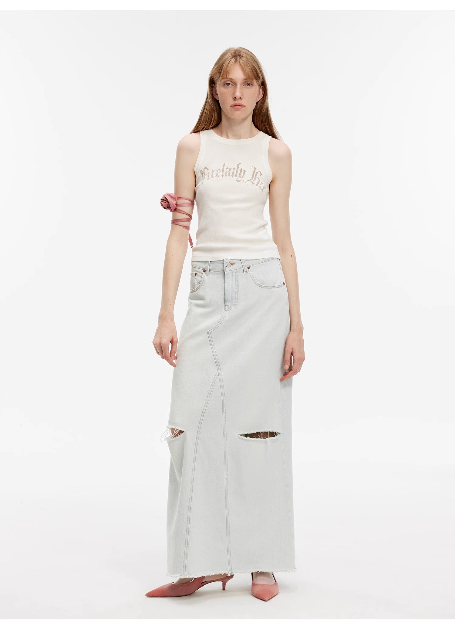 "Walden Pond" Turkish Imported Wash-faded Distressed Hole Denim A-line Skirt-0