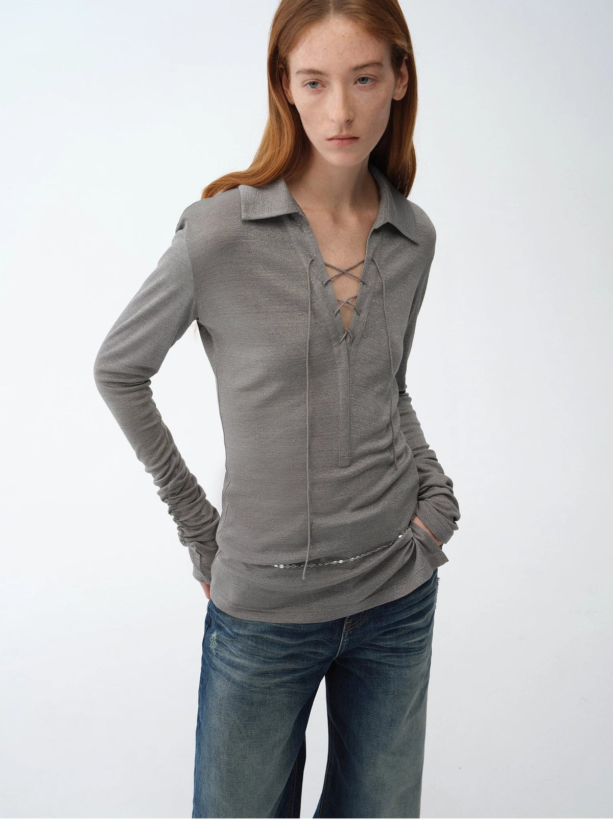 "Eiffel" light luxury silver silk knitted slightly transparent tie lapel slim drape long sleeve knitted top-1